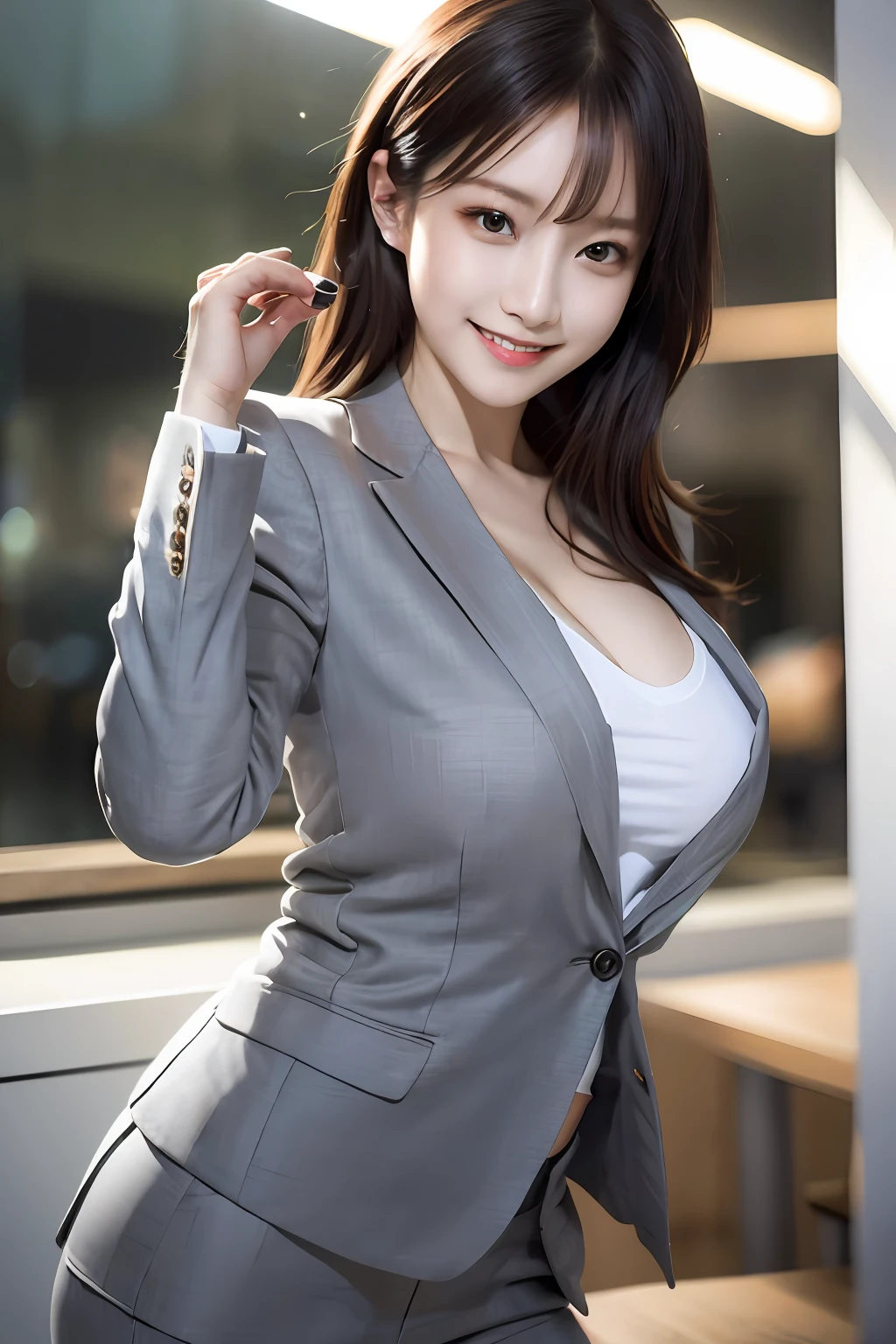 (8k, RAW photo, ultra high res, best quality, masterpiece:1.2), (realistic illustration), (extremely detailed CG unity 8k wallpaper), absurdres,
1 girl,21 yo, beautiful face,medium breasts,black medium hair,smile,tilting head,grin,upper body,slim fit pants,gray tailored jacket,office,upper body、乃木坂アイドル、女優、韓国アイドル