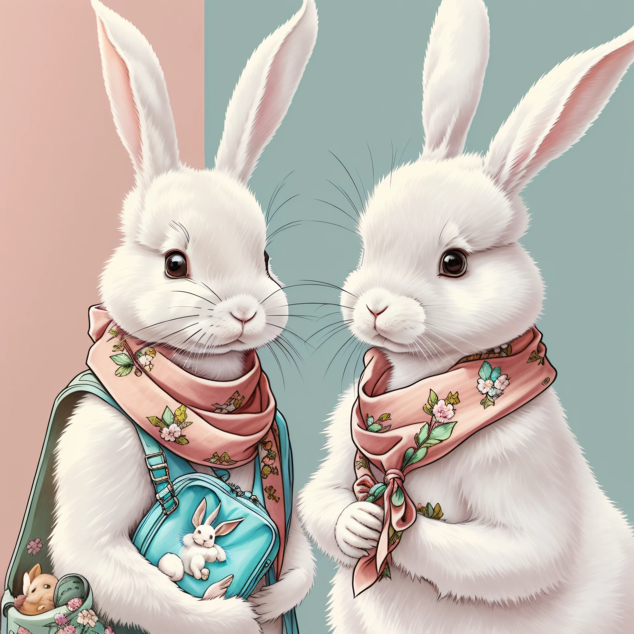 Children's Picture Book Illustration、Two White Rabbits、Rabbit with a pink scarf around her neck、Rabbit with a light blue scarf around her neck、Anthropomorphic rabbit、Rabbit getting ready in the house、Rabbit with a bag、pitiable、Color Illustration