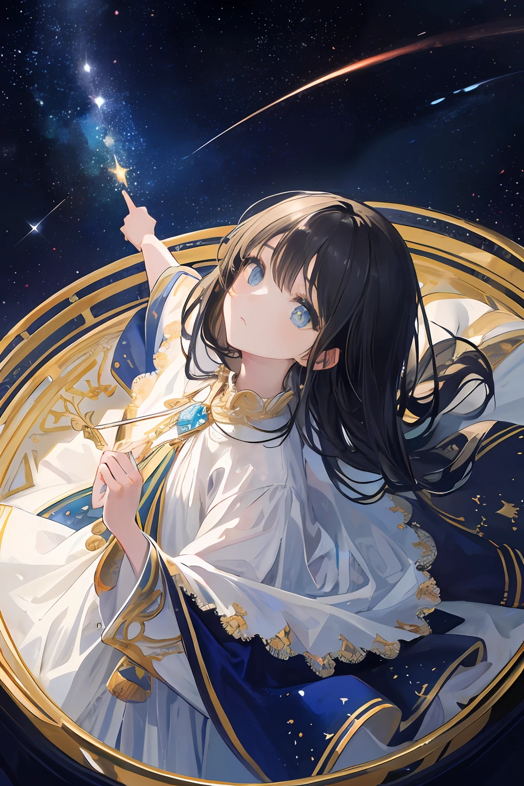 (Masterpiece: 1.2, highest quality), (Best lighting, very delicate and beautiful), (Best lighting, very delicate and beautiful), (Beautiful detailed face), (Detailed eyes and detailed face: 1.2), highest quality, ultra high resolution, ultra-luxury illustration, fantasy art, 1 girl standing in a semicircular glass dome and looking up at the starry sky, s old, full body, wide lens, black hair, high angle shot, telescopegalaxies, with stars, (detailed painting: 0.174), (detailed painting), magnificent, cosmic, cute, natural face, natural face,