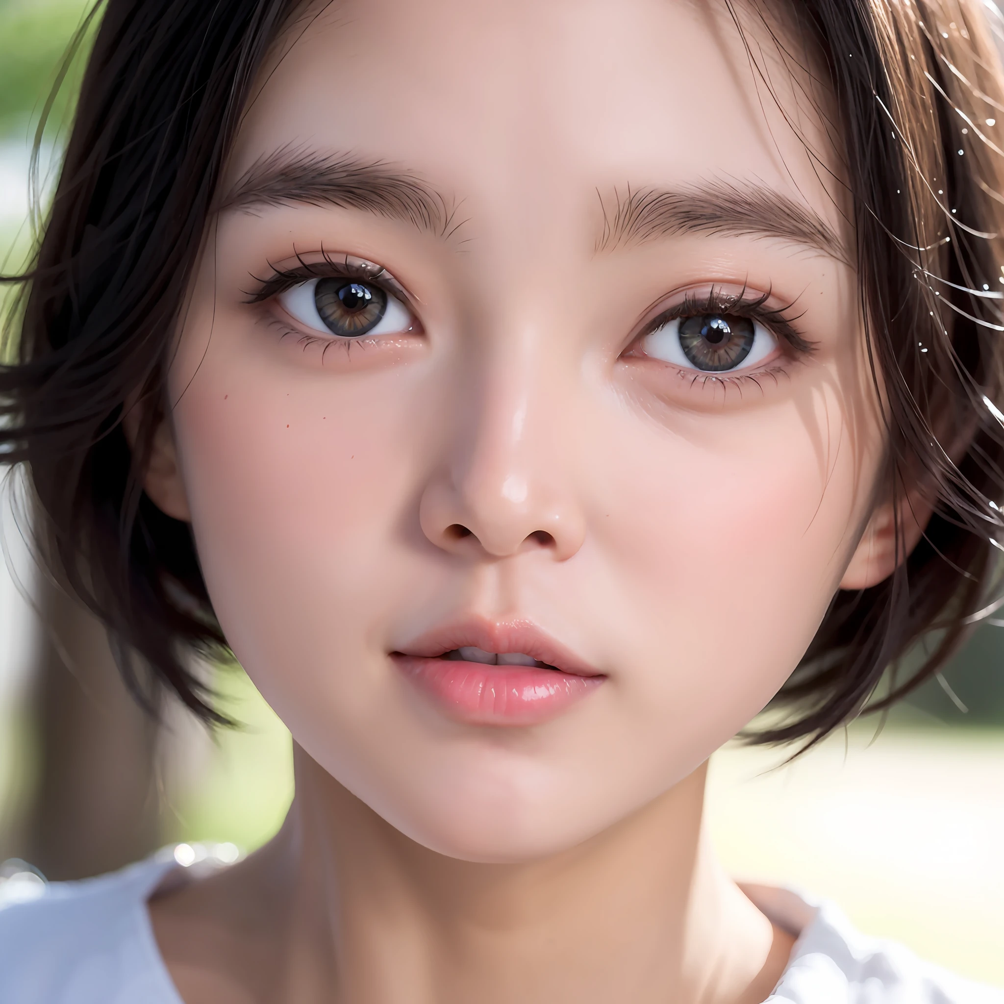 there is a young woman with a short hair and a white shirt, cute natural anime face, soft portrait shot 8 k, beautiful japanese girls face, portrait of a japanese , girl cute-fine-face, detailed face of a asian girl, Young adorable Korean face, close up of a young anime girl, close-up perfect face, japanese facial features