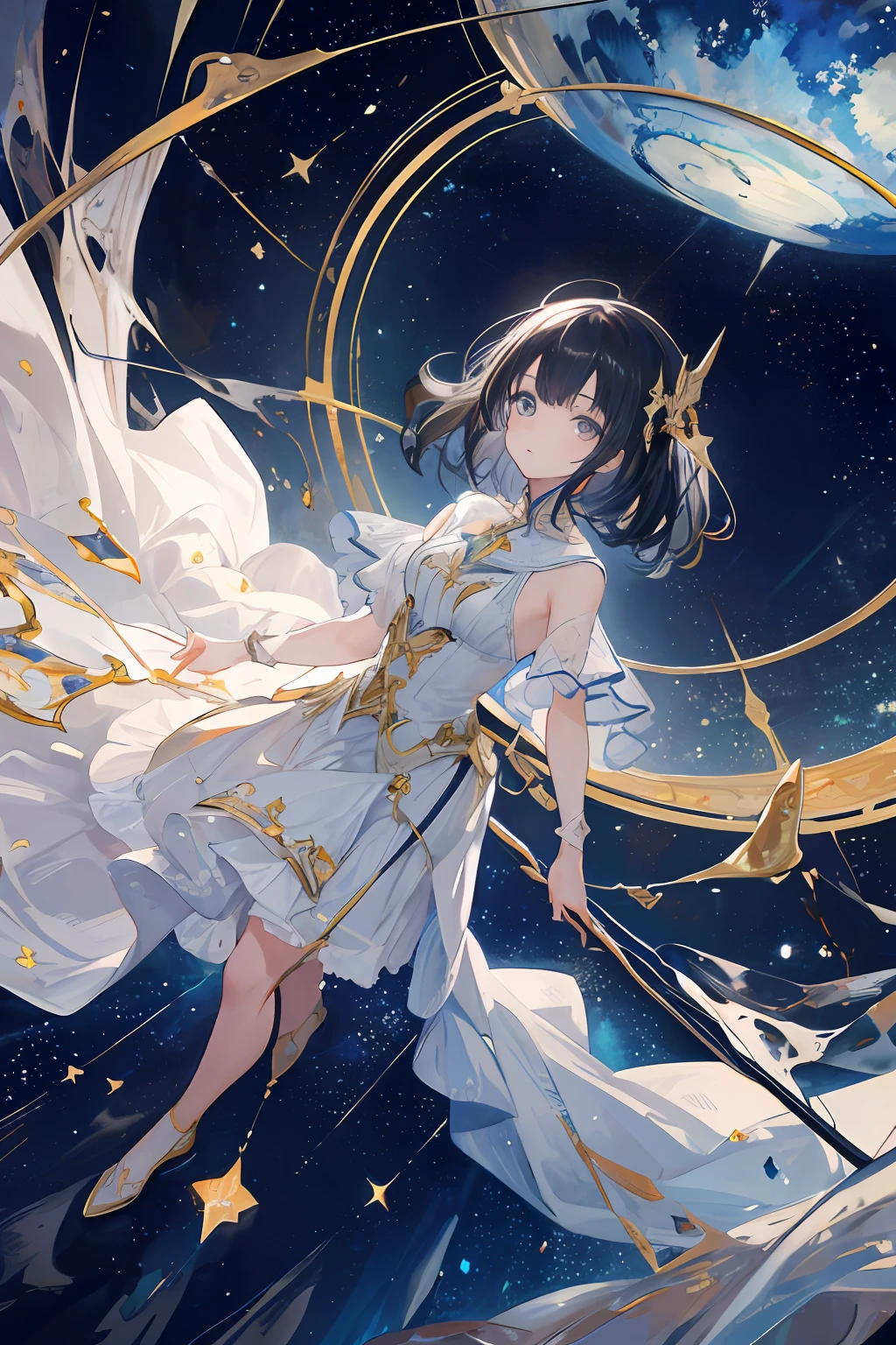 (Masterpiece: 1.2, highest quality), (Best lighting, very delicate and beautiful), (Best lighting, very delicate and beautiful), (Beautiful detailed face), (Detailed eyes and detailed face: 1.2), highest quality, ultra high resolution, ultra-luxury illustration, fantasy art, 1 girl standing in a semicircular glass dome and looking up at the starry sky, , full body, wide lens, black hair, high angle shot, telescopegalaxies, with stars, (detailed painting: 0.174), (detailed painting), magnificent, cosmic, cute, natural face, natural face,