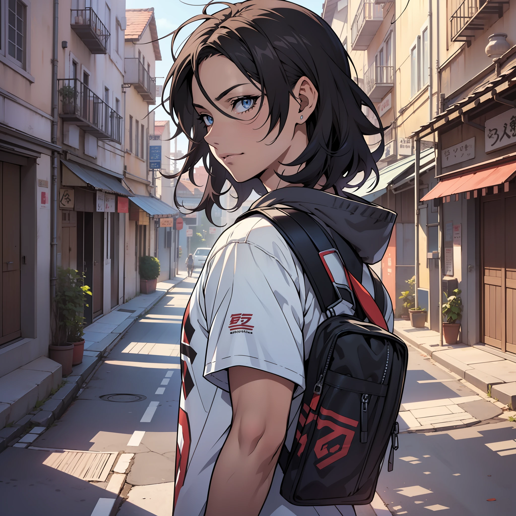 ((Masterpiece)), ((melhor qualidade)), ((estilo de perfil de anime)), ((HD 4k |)), ((personagem de anime)), ((face masculina)), menino, tom de pele claro , Feliz, sorrir, olho, Eyelid, Aluno, Esclera, irises, sobrancelha, orelha, messy straight hair, moletom, background scenery