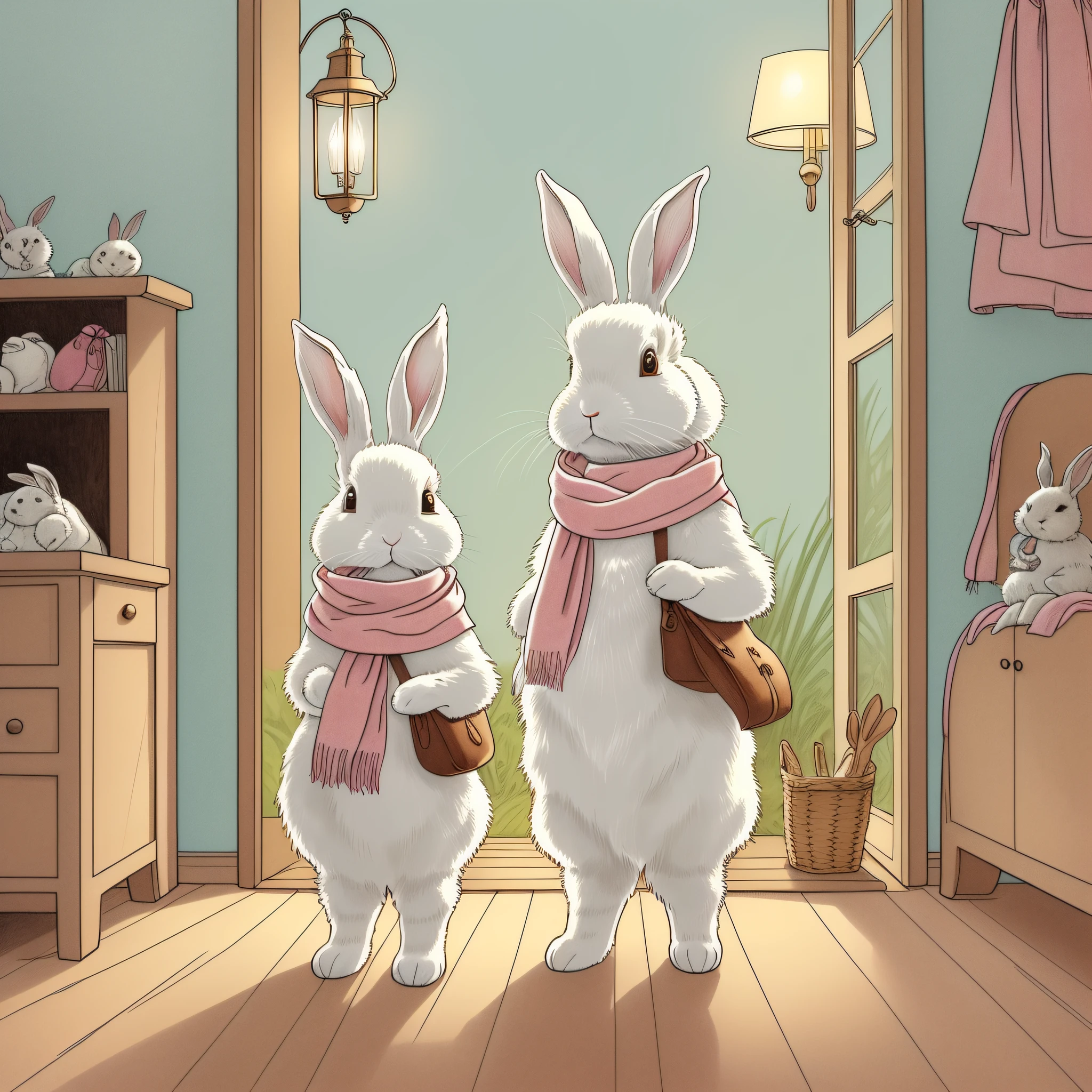 Children's Picture Book Illustration、Two White Rabbits、Rabbit with a pink scarf around her neck、Rabbit with a light blue scarf around her neck、Anthropomorphic rabbit、Bipedal rabbit、Rabbit getting ready in the house、Rabbit with leather bag、pitiable、Color Illustration