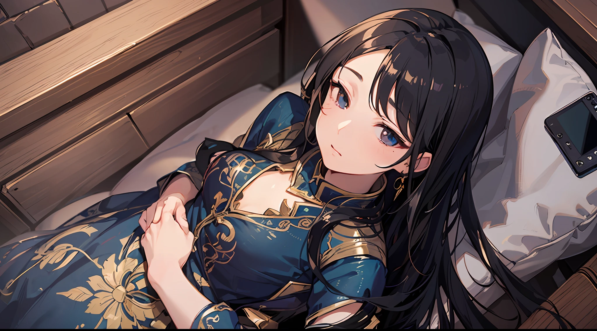 A beautiful middle-aged woman with long black hair,Mature woman,Royal sister,wearing cheongsam,Green clothes,with a good figure,fully body,In a villa,(Lie flat on the sofa in the living room:1.6),With his eyes closed,(Lie flat facing the ceiling:1.6),Doing acupuncture,Expressionless,Very luxurious decorations,distance view,exquisite facial features,Clear facial expressions,Detailed digital anime art,digital anime art,High quality anime art style,Smooth anime CG art,From above
