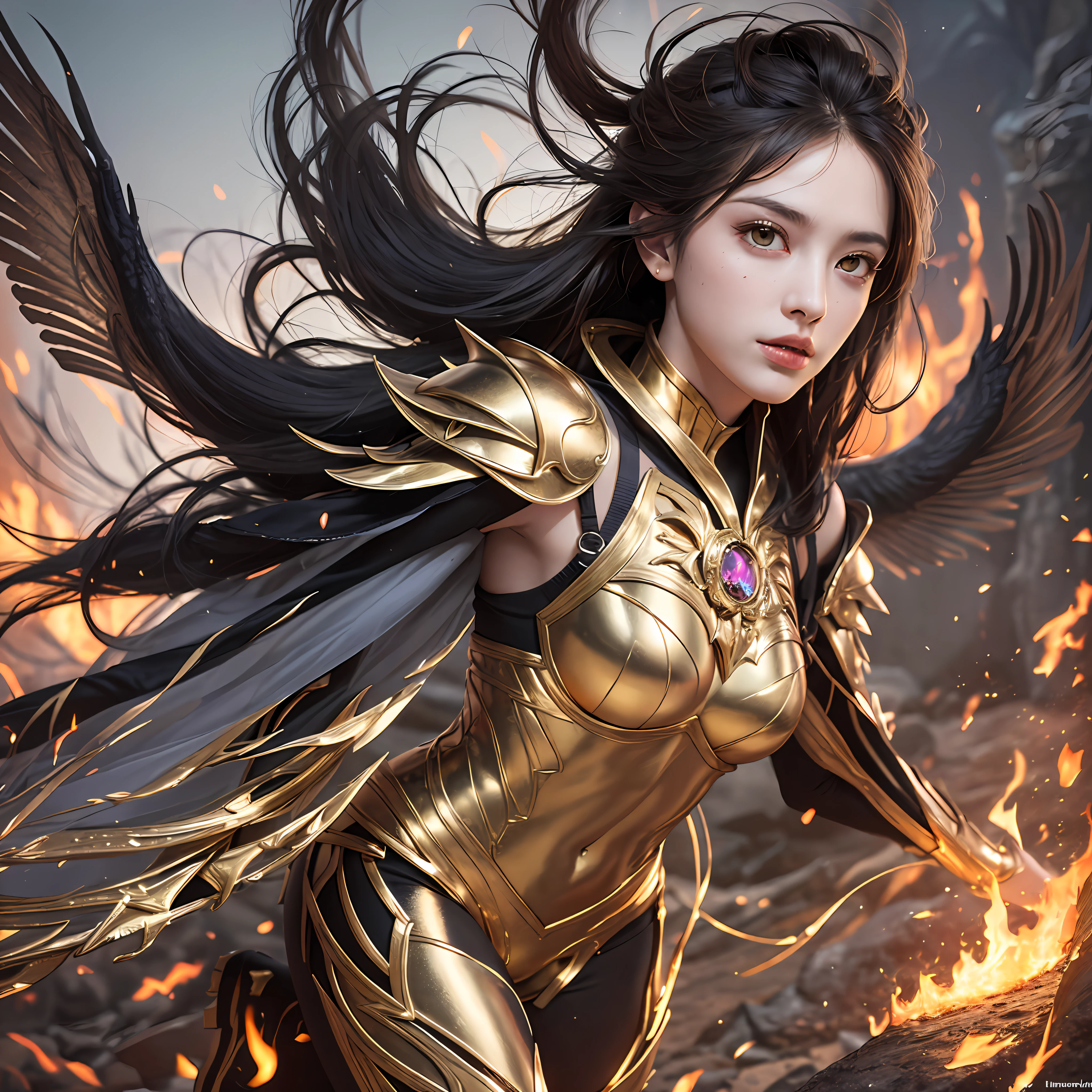 ENHANCED, head to toe image, photorealistic, distant shot, full character portrait, full character shot, full body shot of a female creature of rock and fire, reddish facial skin, looking at the camera, fully yellow eyes, (no hair on head), head with flames, large Titis, 3D, slender, has a very dark gray cracked rock body, golden armor covering his chest in the form of an open bra, golden shoulder pads with pointed shapes, golden gauntlets with spikes shapes, hands are fire, golden armor on legs to thighs, hind wings of fire, background ancient tunnel, glowing shadows, sun, reflection, art by Vasiliy Kovpak, ultra detailed photo, fully detailed photo, perfect anatomy, depth field, ultra focus, ultra sharp, ultra detailed, ultra detailed background, detailed eyes, pretty hair, pretty legs, whole head, top of head, pretty calves, pretty feet, 16k resolution, realistic, clearance, space free underfoot.