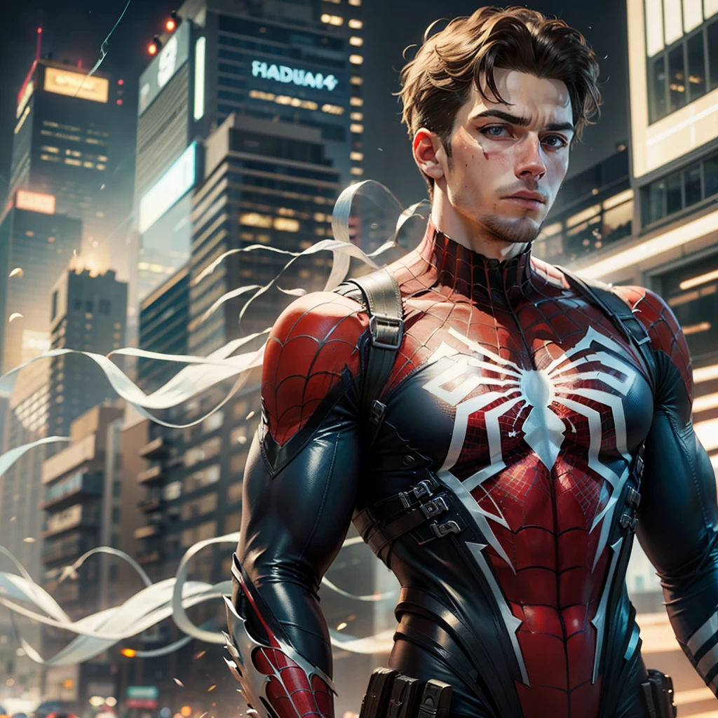 25-year-old man wearing torn costume on spider-man shoulder with a futuristic city in the background --auto --s2