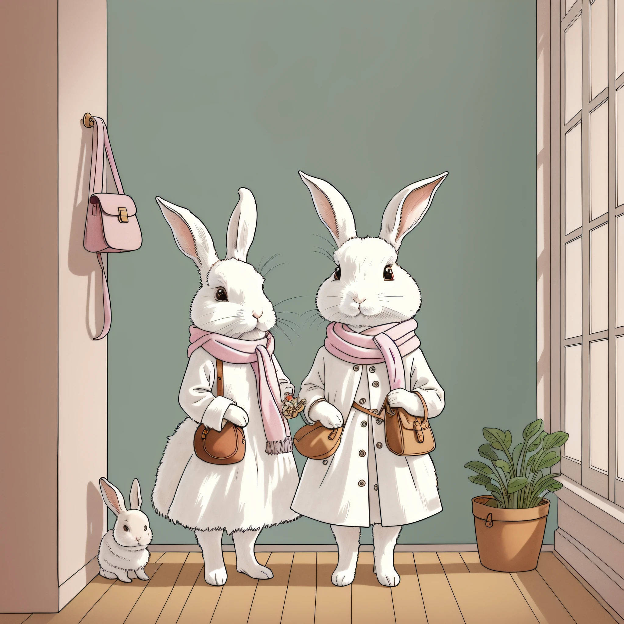 Children's Picture Book Illustration、Two White Rabbits、Rabbit with a pink scarf around her neck、Rabbit with a light blue scarf around her neck、Anthropomorphic rabbit、Bipedal rabbit、Rabbit getting ready in the house、Rabbit with leather bag、pitiable、Color Illustration