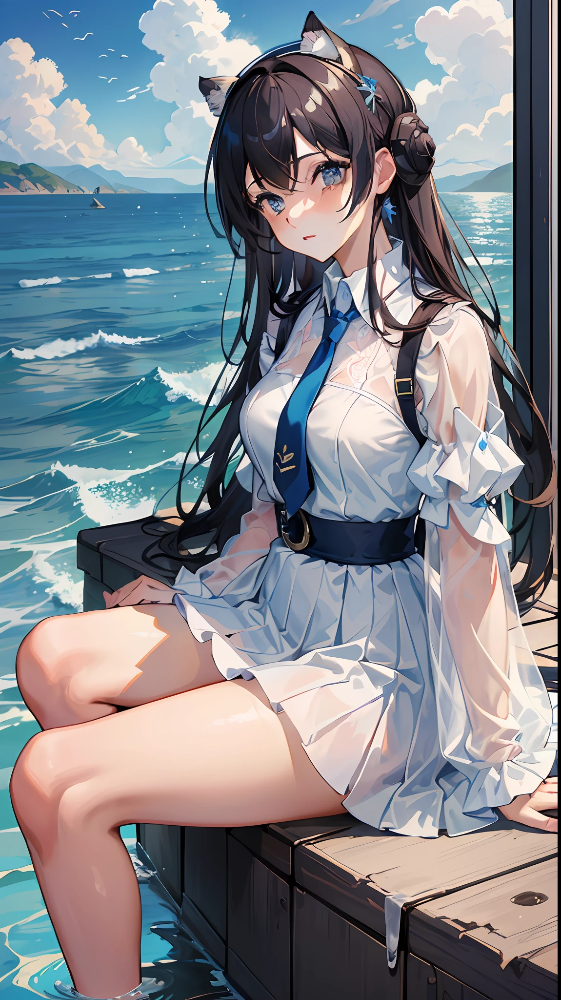 Highest image quality,schoolgirl,silver long hair,White straw hat,,Red eyes,Hair Gloss,Wearing white camellias,The expression is gentle,Pale pink lips,Off-the-shoulder shirt,White camellia,raytraced,the sea,sandbeach,seashells,Sit on your knees,summer day,