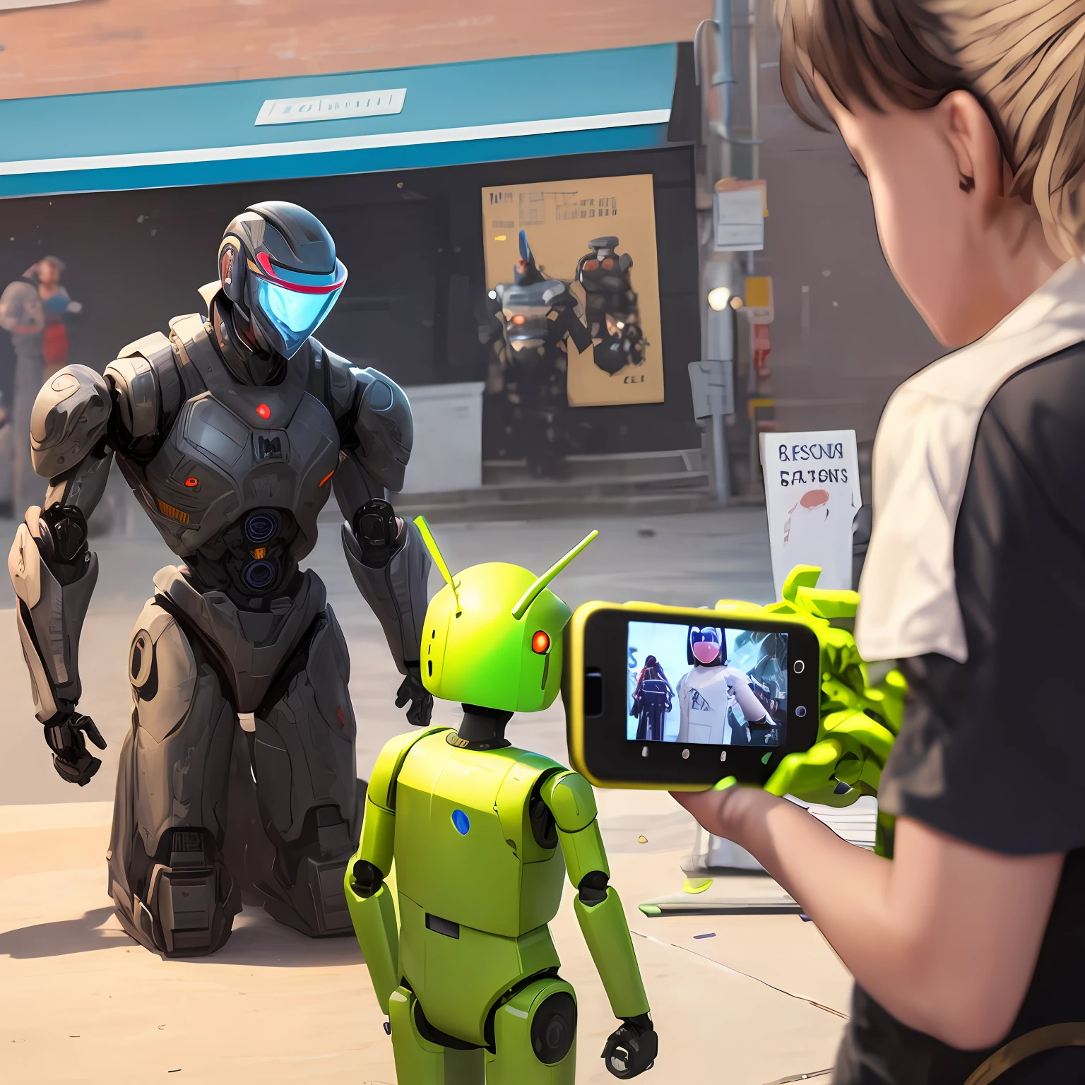 A futuristic scenario where an Android robot is an actor and the children are recording it with their cell phone and a clapboard. --auto