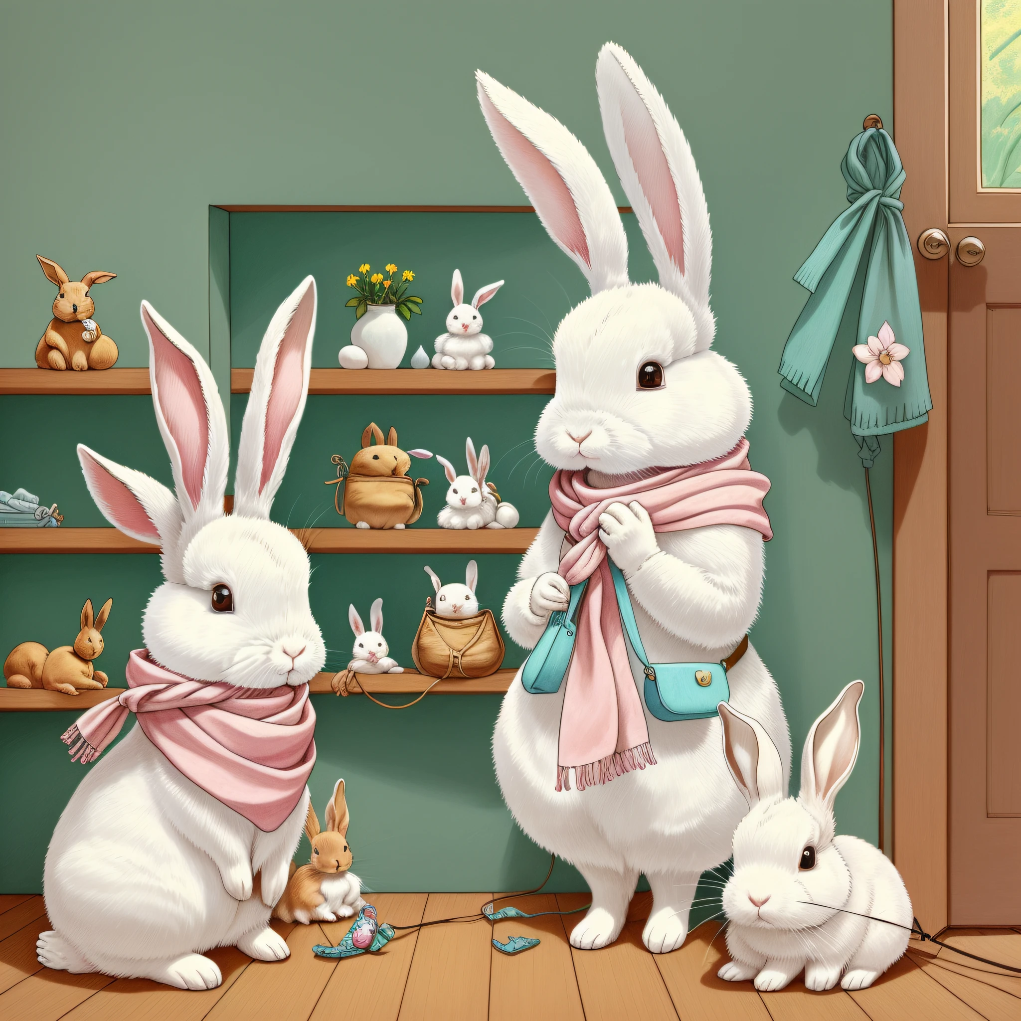 Children's Picture Book Illustration、Two White Rabbits、Rabbit with a pink scarf around her neck、Rabbit with a light blue scarf around her neck、Anthropomorphic rabbit、Bipedal rabbit、Rabbit getting ready in the house、Rabbit with leather bag、pitiable、Color Illustration