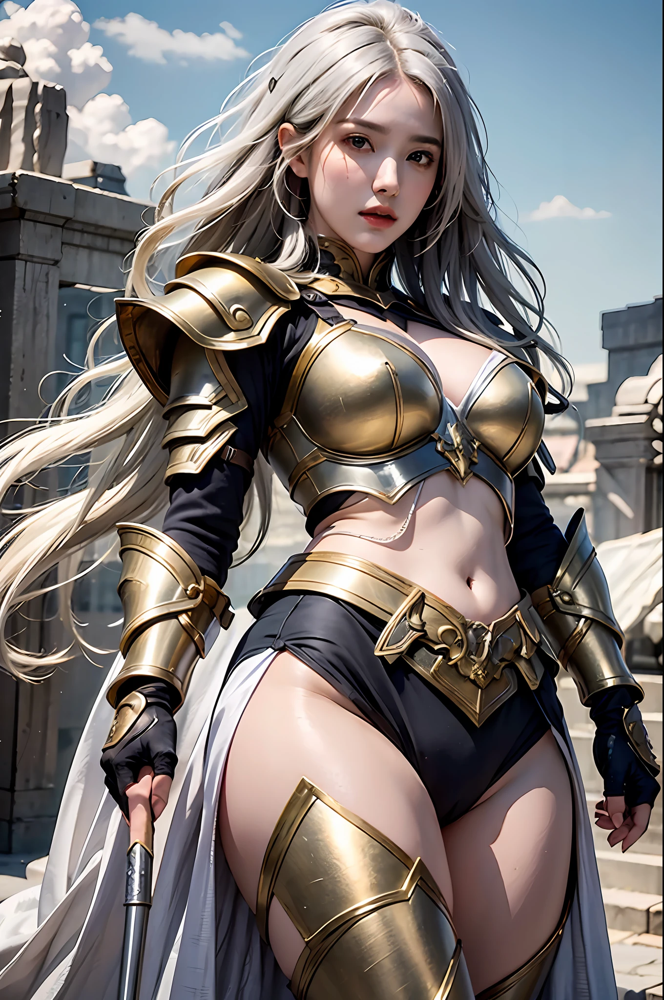 best quality, masterpiece, ultra-detailed, detailed light, (RAW photo:1.2), (photorealistic:1.4),(masterpiece:1.3),(best quality:1.4) 1girl, detailed face, solo, hips up, long hair, sky, dress, armor, cloud, full armor, gold armor