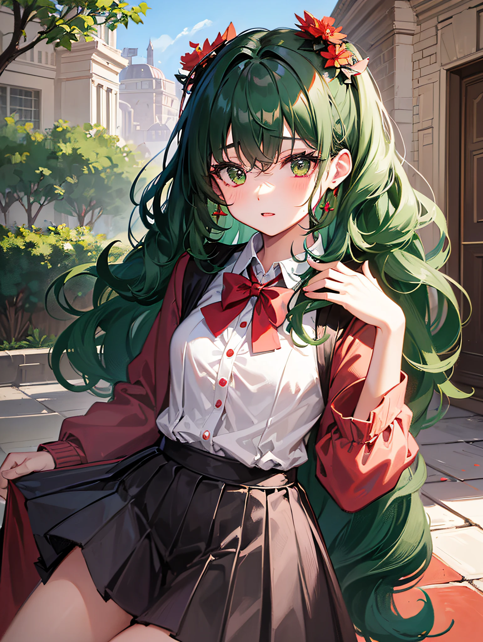 Full body, (PadoruMeme 1girl), ponytail, (school uniform), blue dress, animal ears, cat ears, collar, tie, tie, ((blue-green)), off-the-shoulder, blush, animal ear fuzz