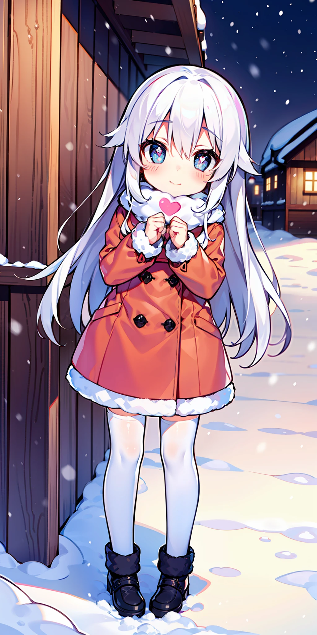 Loli, long hair, cute, heart-shaped pupils, solo, white hair, blush, winter, snow, outdoors, white stockings, standing