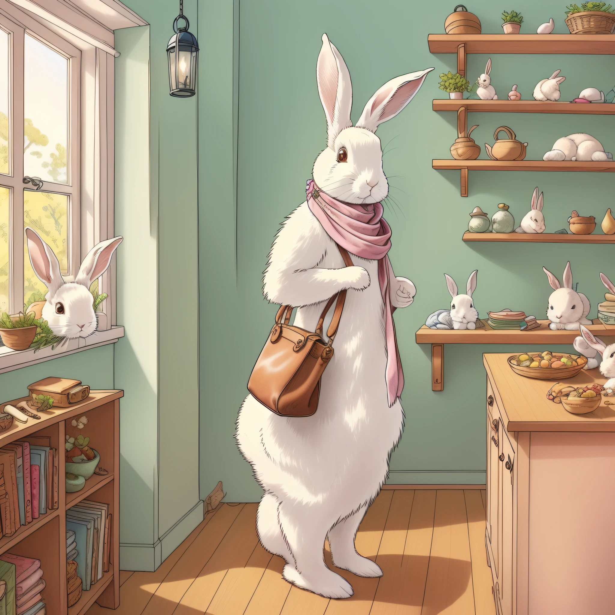 Children's Picture Book Illustration、Two White Rabbits、Rabbit with a pink scarf around her neck、Rabbit with a light blue scarf around her neck、Anthropomorphic rabbit、Bipedal rabbit、Rabbit getting ready in the house、Rabbit with leather bag、pitiable、Color Illustration