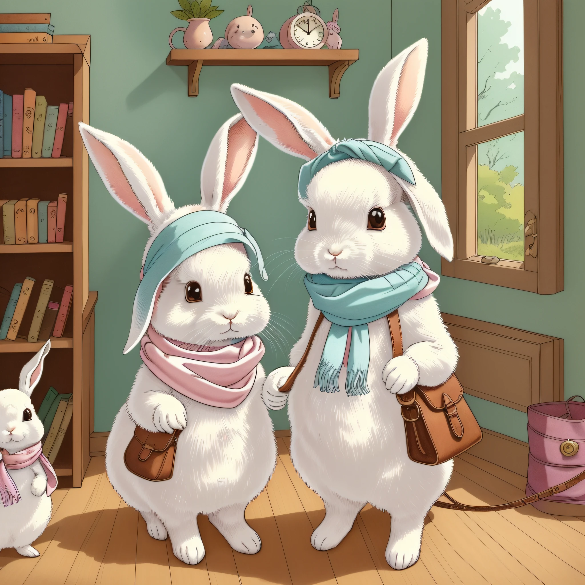 Children's Picture Book Illustration、Two White Rabbits、Rabbit with a pink scarf around her neck、Rabbit with a light blue scarf around her neck、Anthropomorphic rabbit、Bipedal rabbit、Rabbit getting ready in the house、Rabbit with leather bag、pitiable、Color Illustration