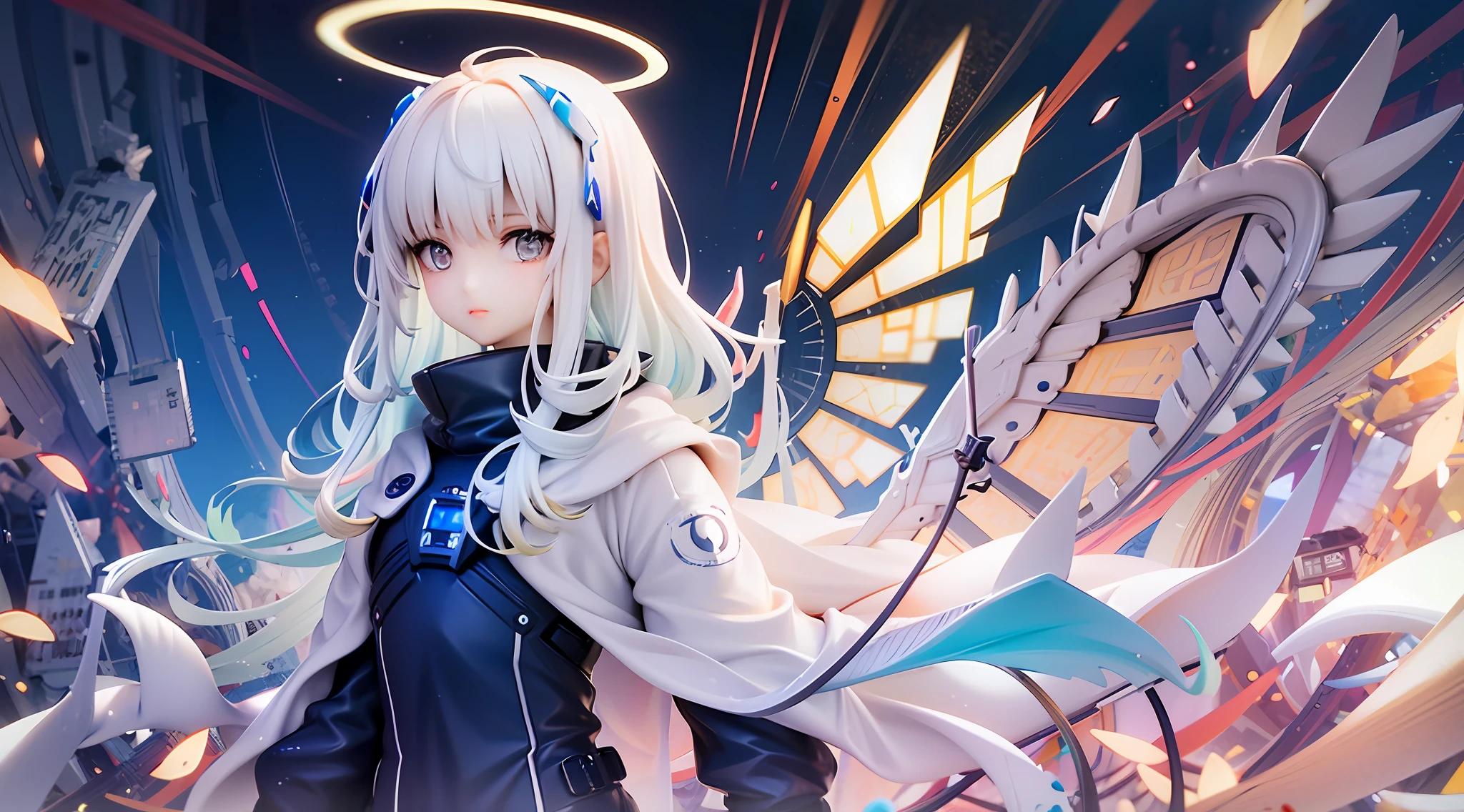 1girls, Electronic blue color, whited , Pastel colors、Bright atmosphere、Machine Man、White hair、Futuristic atmosphere、Despressing、white eyes、Longhaire、Exposed、the body is connected by a cable、Slender body, Upper body, headgear, machine wings, the universe, The god Machines