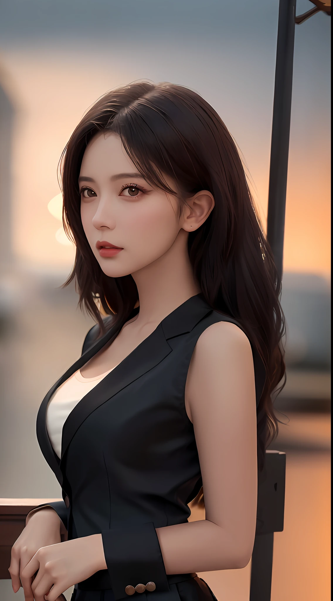 best quality, masterpiece, 1girl, Beautiful face, (photo realistic:1.3), rim lighting, (high detailed skin:1.2), 8k uhd, dslr, high quality, high resolution, 4k, 8k, Bokeh,  absurdres, best ratio four finger and one thumb, (realistic:1.3), cute 1girl, wearing black formal blazer, medium breasts, short skirt,