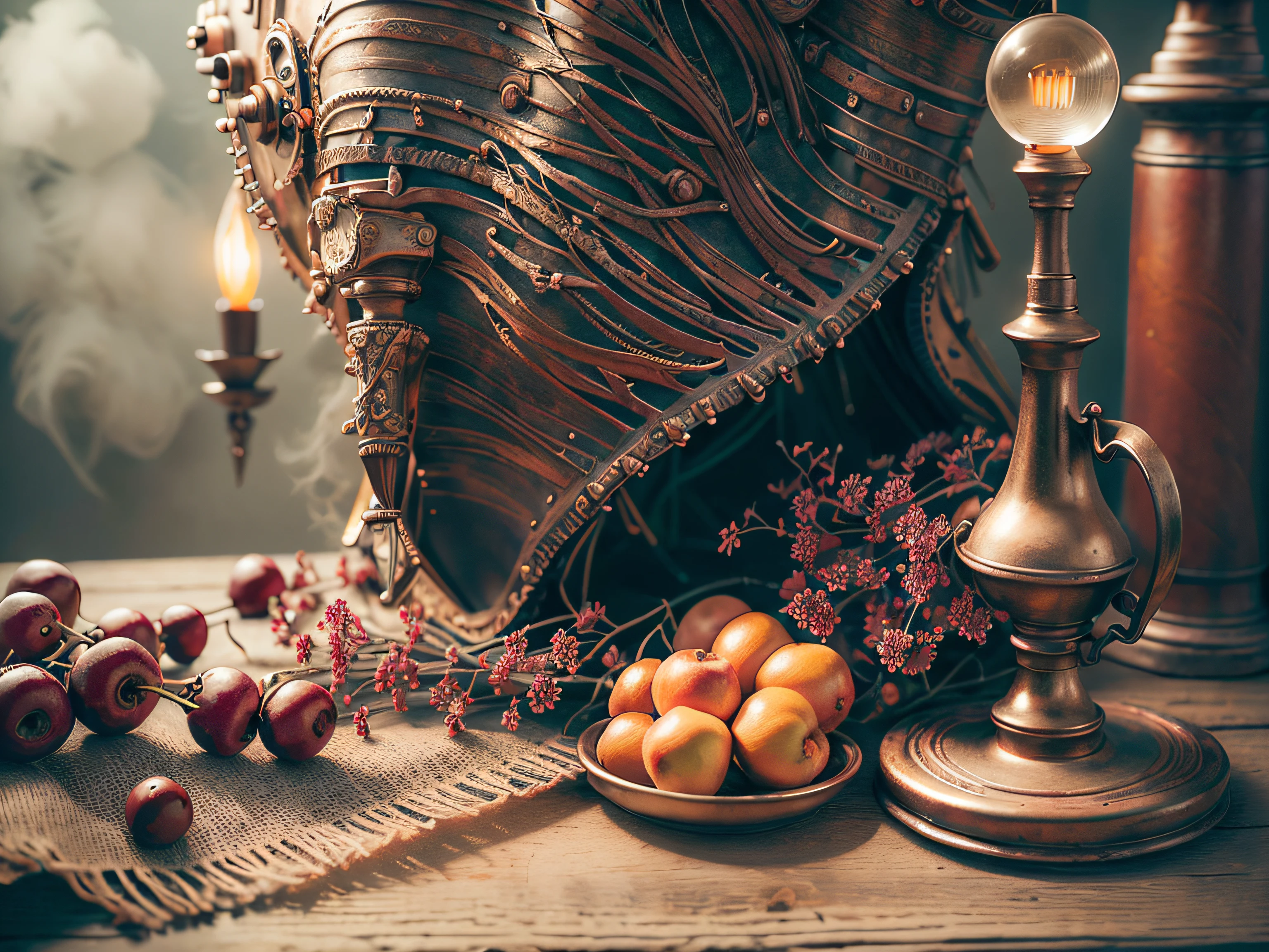 close up photo of a Stradivari violin, a 18th century sword, a bowl of fruit, a candlestick are on an old wooden table, withering flowers all around, ((objects in realistic scale)), in the background 18th century Baroque castle room environment, antique furnitures, draperies, darkened room, soft candle light, RAW, analog style, cinematic lighting, contrast lighting, dslr, photorealistic, hyperrealistic, neutral colors, lifelike texture, insanely intricate details, amazing fine detail, hyper detailed, film grain, sharp focus, volumetric fog 8k, ultra high res, photographed with Nikon d5600 f5.6 lens 500mm, Kodak portra 400