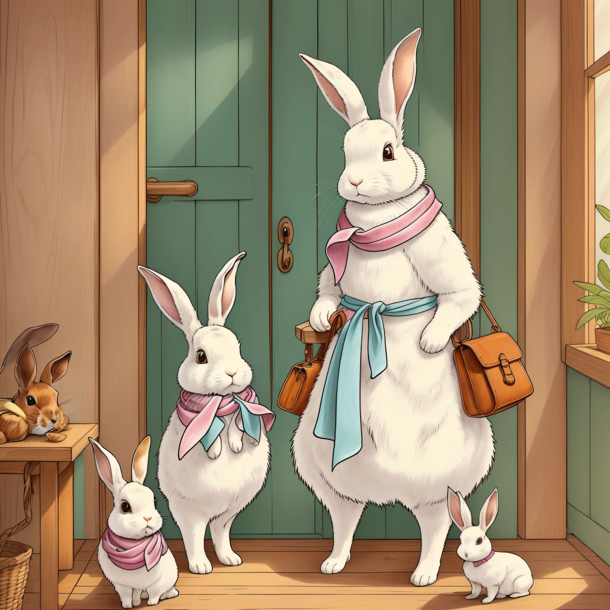 Children's Picture Book Illustration、Two White Rabbits、Two rabbits with a pink scarf around their necks and a light blue scarf around their necks、Anthropomorphic rabbit、Bipedal rabbit、Rabbit getting ready in a wooden house、Rabbit with leather bag、pitiable、Color Illustration