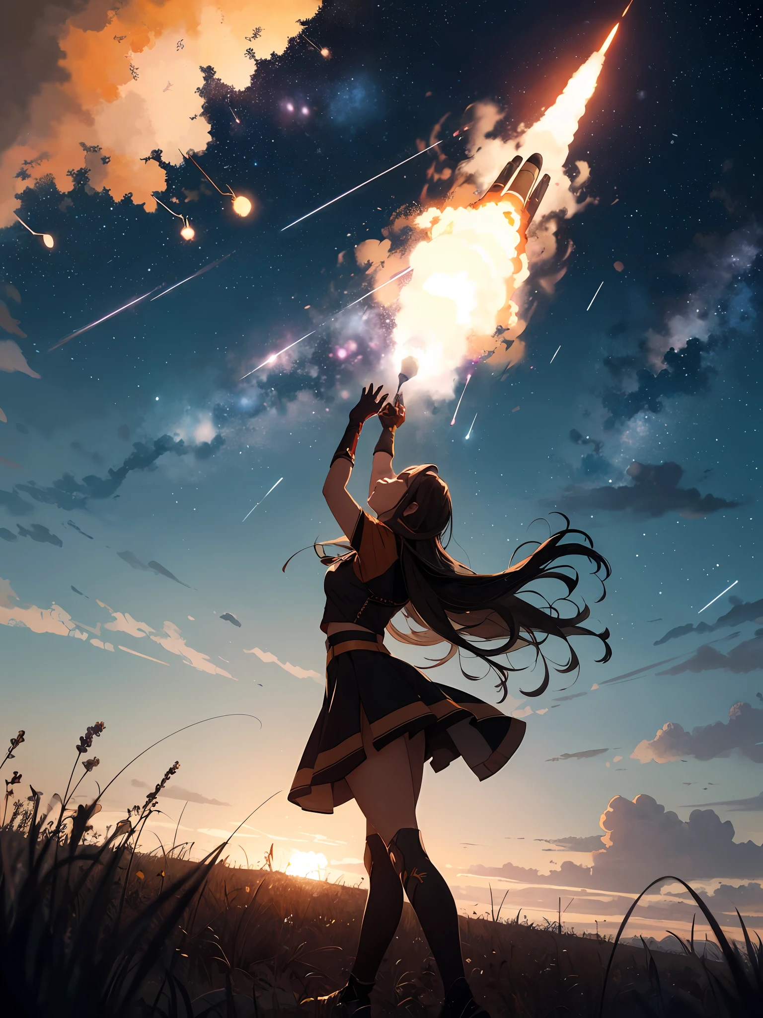 Vast, clear skies, Beautiful skyline, large grassland, Extremely tense and dramatic painting, moving visual effects, High Polaris, The glare of colorful nature, A girl looking at a rocket flying into the sky while spitting fire, the highest quality, The Masterpiece, 8k, Wallpapers, award winning, Engraving the word tips