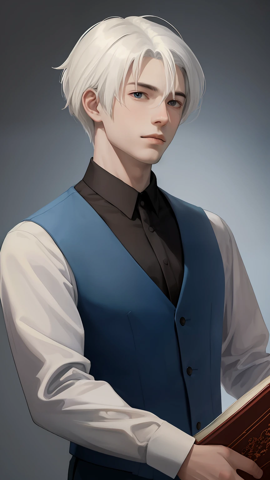 a portrait of a young man with white hair holding a book, cover art, artwork by Alastair Reynolds