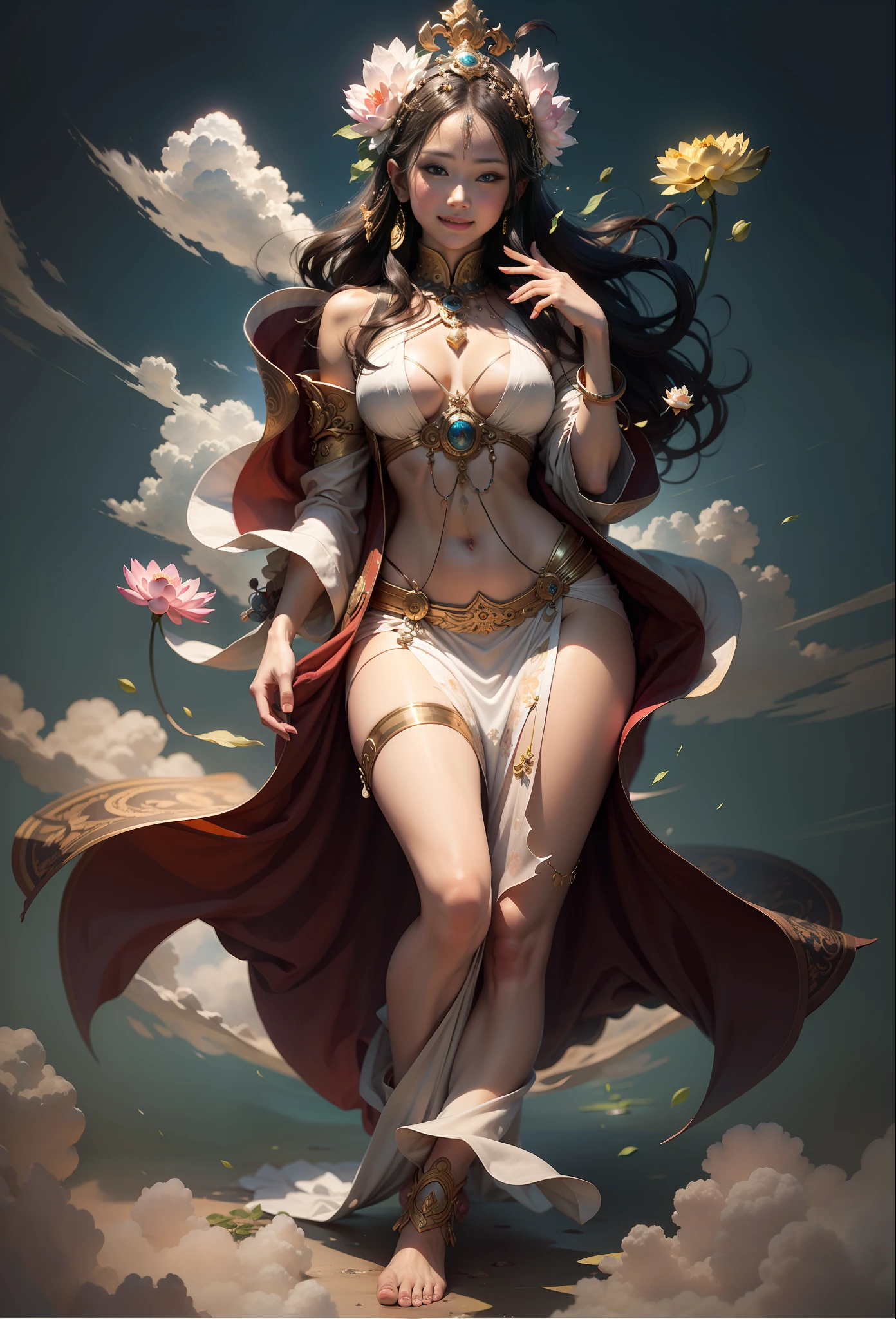 The Masterpiece,ultra-highresolution,The beautiful goddess Bodhisattva stands above the white clouds,Lotus in hand,The corners of his mouth smile slightly,Yingluo,Medium breasted,Barefoot,Short clothing,Remove the shawl back skirt,The light is soft, bright and natural,Clean picture,The background is a flat sky without clouds,halo,Photographic effects,superclear,