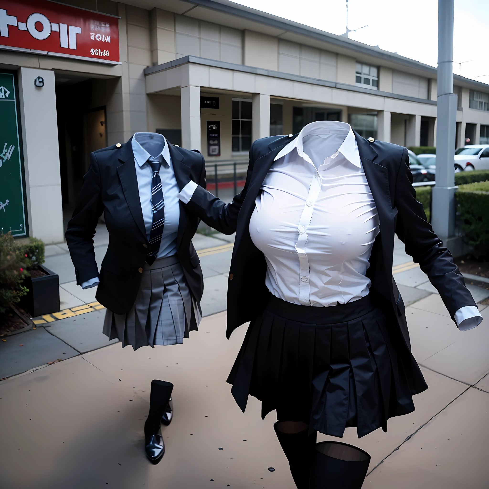 (insanely detailed), (16k), ((no humans)), ((invisible)), ((faceless)), ((headless)), ((empty clothes)), ((huge breasts)), girls' school uniforms swells as if possessed by invisible girls, huge breasts, (school uniforms), (running)