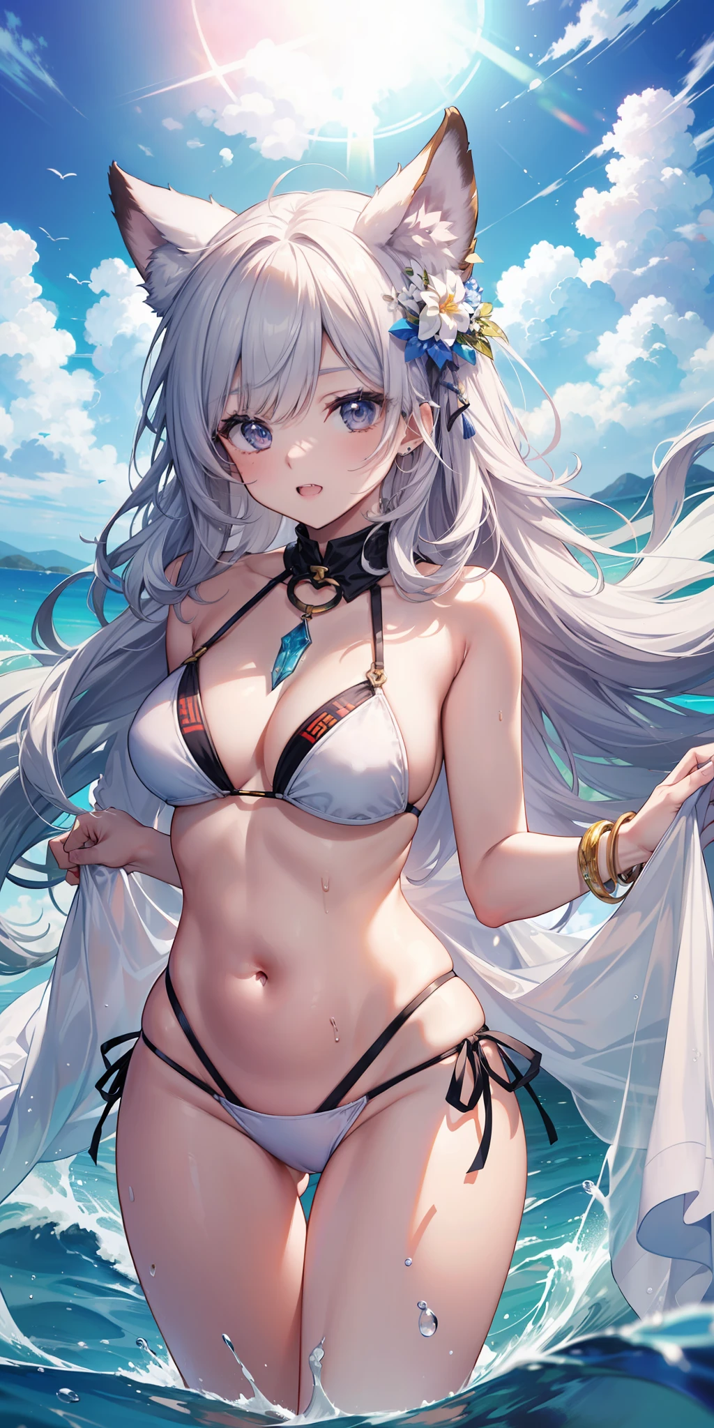 ((Masterpiece)), ((melhor qualidade)), ((estilo de perfil de anime)), ((HD 4k |)), ((personagem de anime)), ((body of water)), garota, rosto feminino, Feliz, sorriso, ((dentes aparecendo)), pele clara, olho, Eyelid, Aluno, Esclera, irises, sobrancelha, eyelashes, orelha, nariz, white water hair, Neck strap, Ombros, white bikini, ((barriga perfeita)), Arms, ((pernas grossas)), ((coxa grande)), background scenery, ((Chovendo)), viewer view