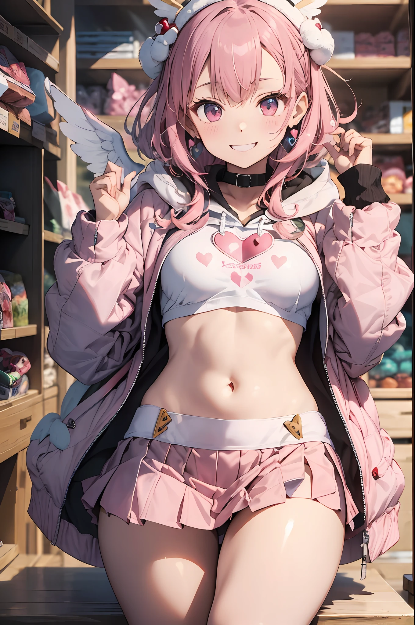 Pink hair. Long hair. Miniskirt. Parka. Earring. Angel wings. Heart-shaped vacant . Heart logo. A big smile. Inside the game center. White wings. Navel. Futomo. Navel out. Put on the hoodie hood. Put a hood on your head. Cherry blossom blizzard.