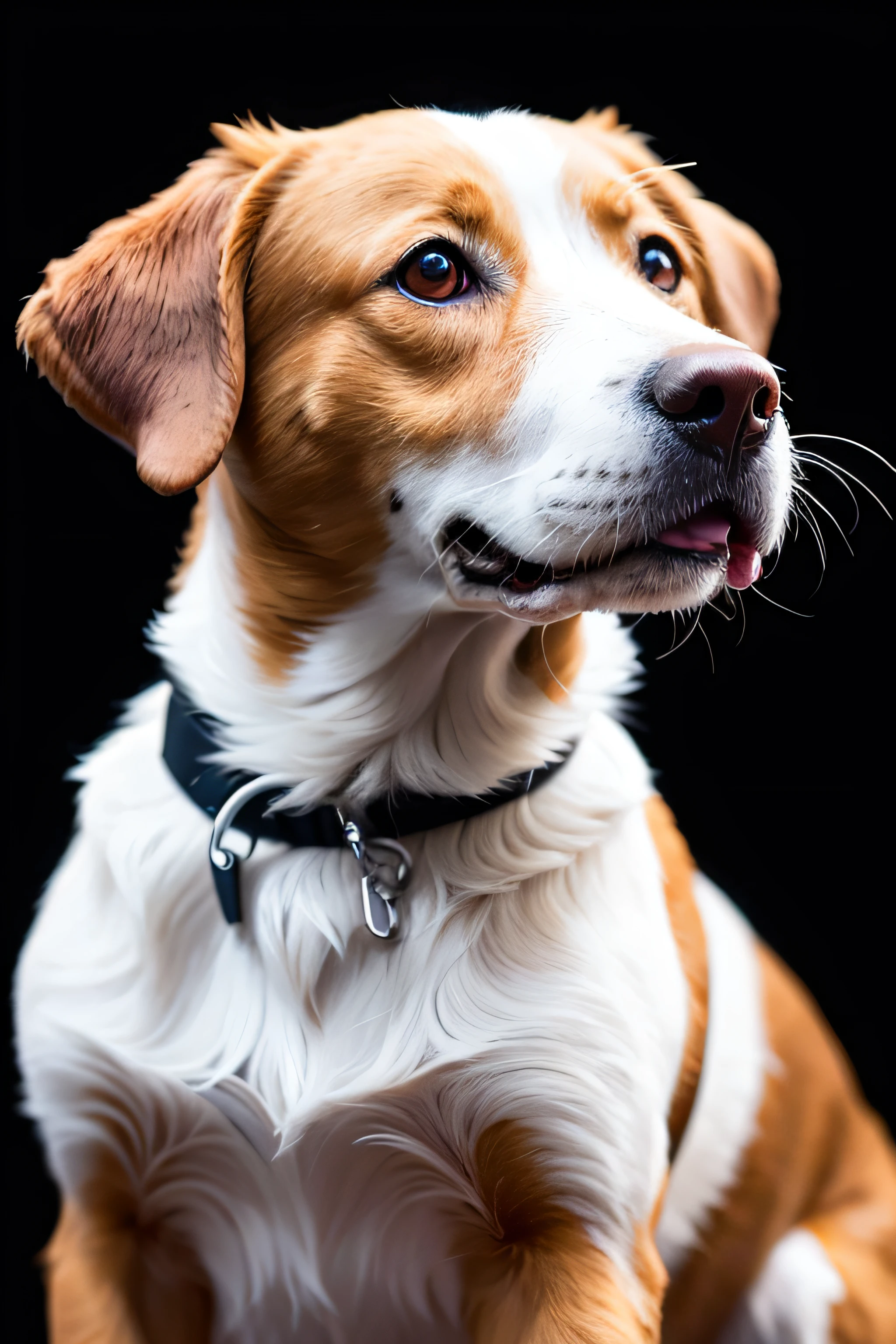 retrato realista de un lindo perro de raza Terranova, linda sonrisa, ((gracioso)), black background dark lighting, Yellow neon, primer plano, vista del producto, detalles faciales detallados, Cara perfecta, nitidez, tendencia en las artes, sharp facial details, CGSociety, ilustraciones digitales de ultra alta calidad, exquisito hiper detalle, 4k, 8K soft lighting, Dreamer --ISO 100, moda -