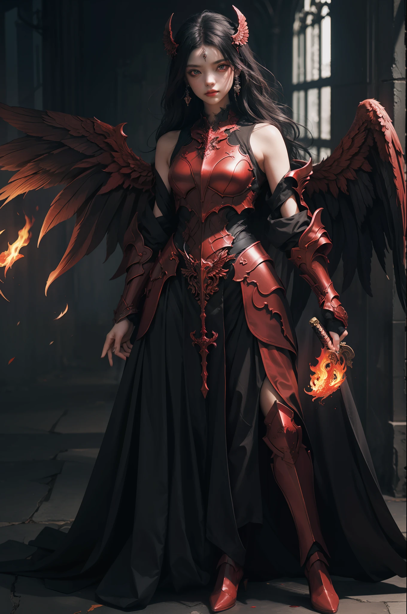 (extremely detailed CG unity 8k wallpaper,masterpiece, best quality, ultra-detailed, beautiful detailed eyes:1.2),best illumination, (best shadow, an extremely delicate and beautiful, bloom), 1gril,solo,red eyes,Heavy armor,long hair,holding sword,Angel wings,black wings,red jewelry,(big wings:1.4),Film filter,Satan, Hellfire,full body,demon,flame,