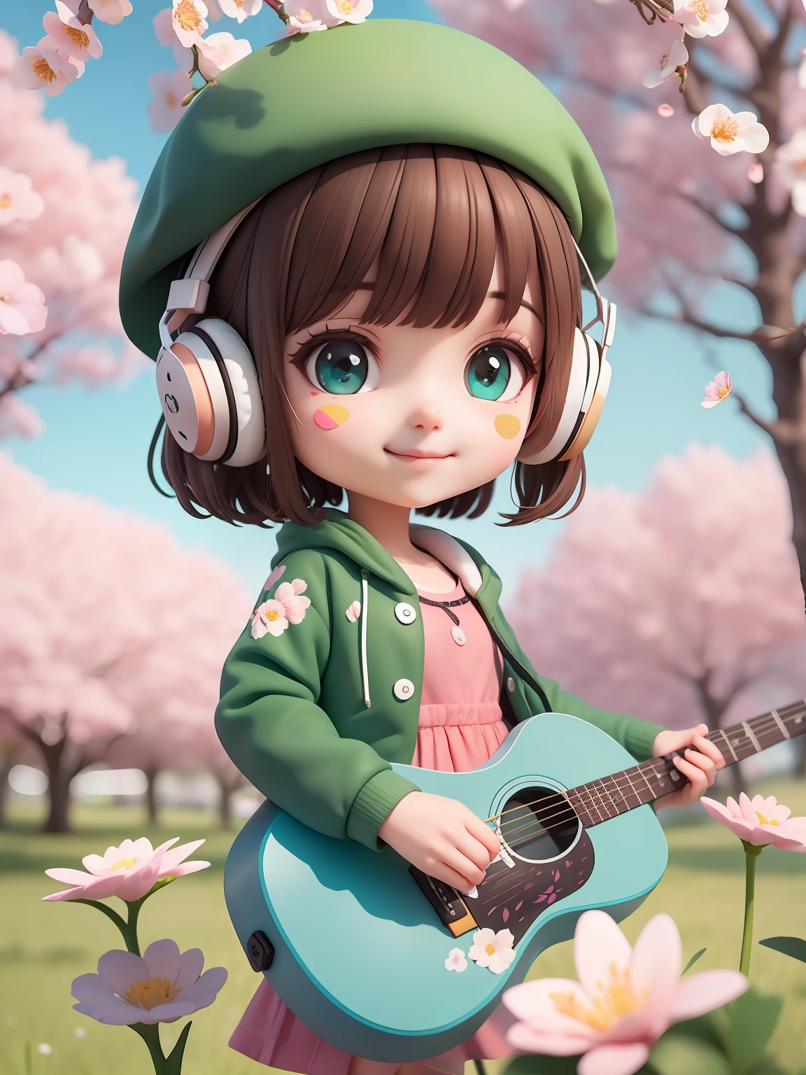 (masterpiece),(best quality),(ultra-detailed), (full body: 1.2), 1girl,chibi,cute, smile, closed mouth, flower, outdoors, playing guitar, music, beret, holding guitar, jacket, blush, tree, :3, shirt, short hair, cherry blossoms, green headwear, blurry, brown hair, blush stickers, long sleeves, bangs, headphones, black hair, pink flower, (beautiful and detailed face), (beautiful detailed eyes),