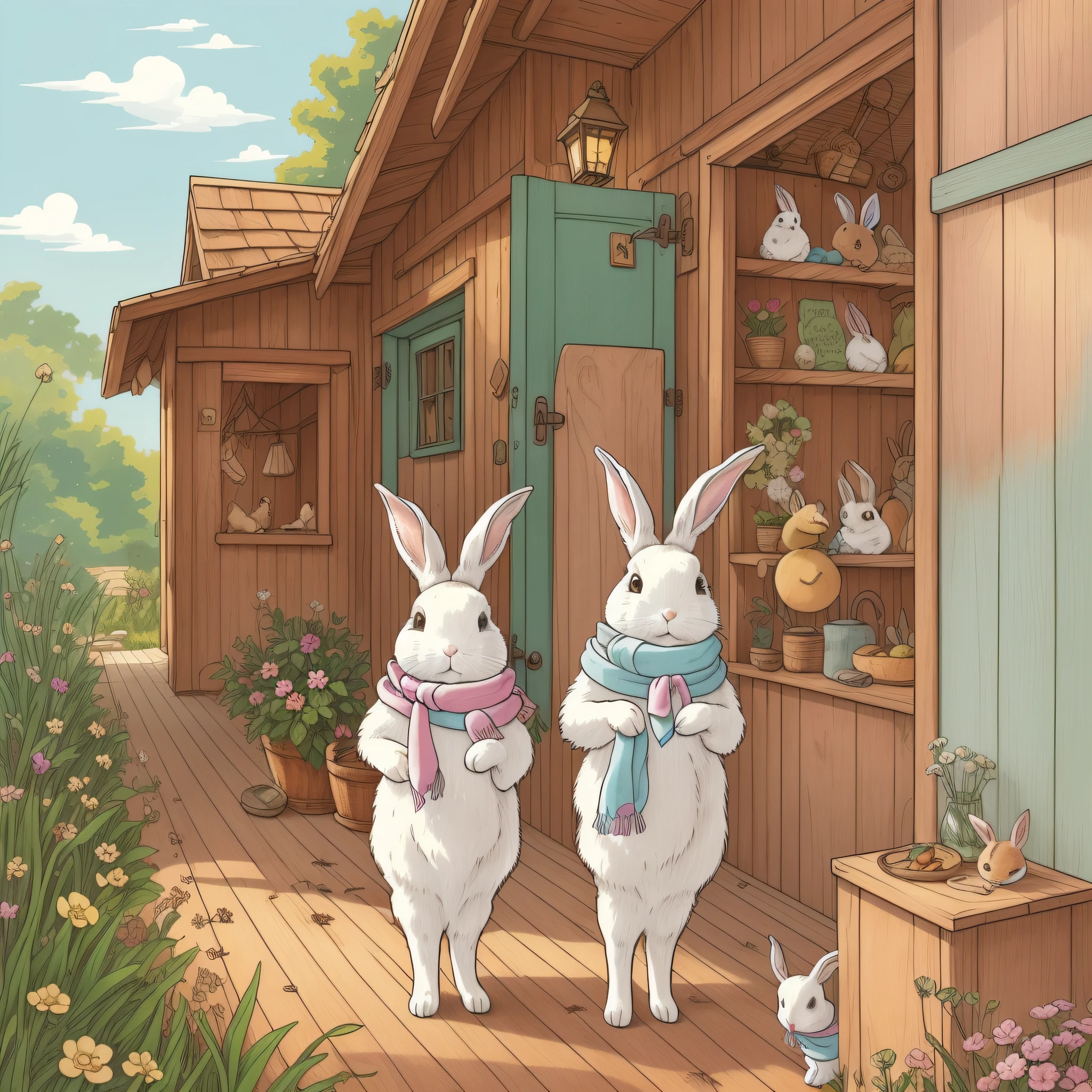 Children's Picture Book Illustration、Two White Rabbits、Two rabbits with a pink scarf around their necks and a light blue scarf around their necks、Anthropomorphic rabbit、Bipedal rabbit、Rabbit getting ready in a wooden house、Rabbit with leather bag、pitiable、Color Illustration