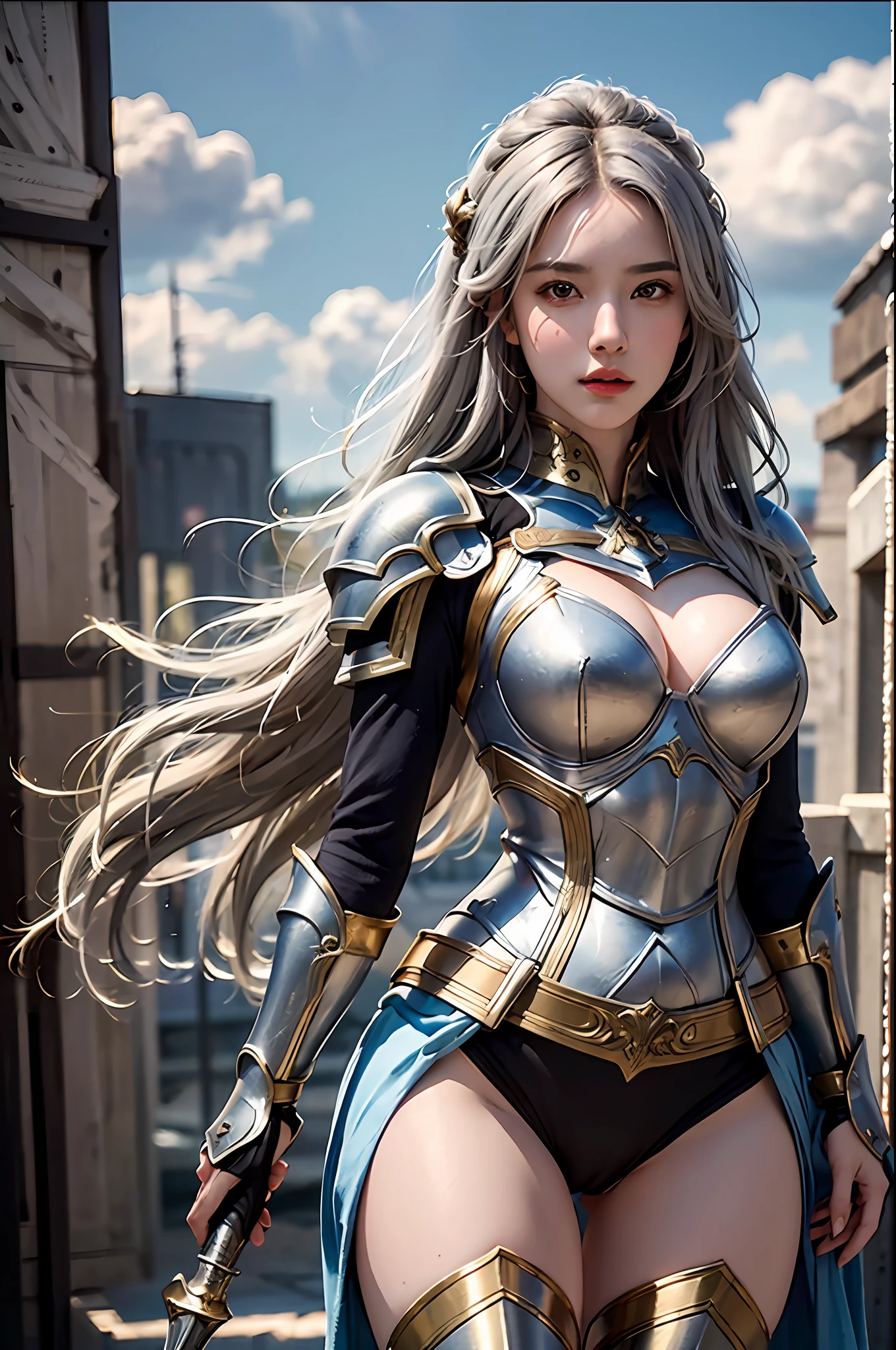 best quality, masterpiece, ultra-detailed, detailed light, (RAW photo:1.2), (photorealistic:1.4),(masterpiece:1.3),(best quality:1.4) 1girl, detailed face, solo, hips up, long hair, sky, dress, armor, cloud, full armor, gold armor