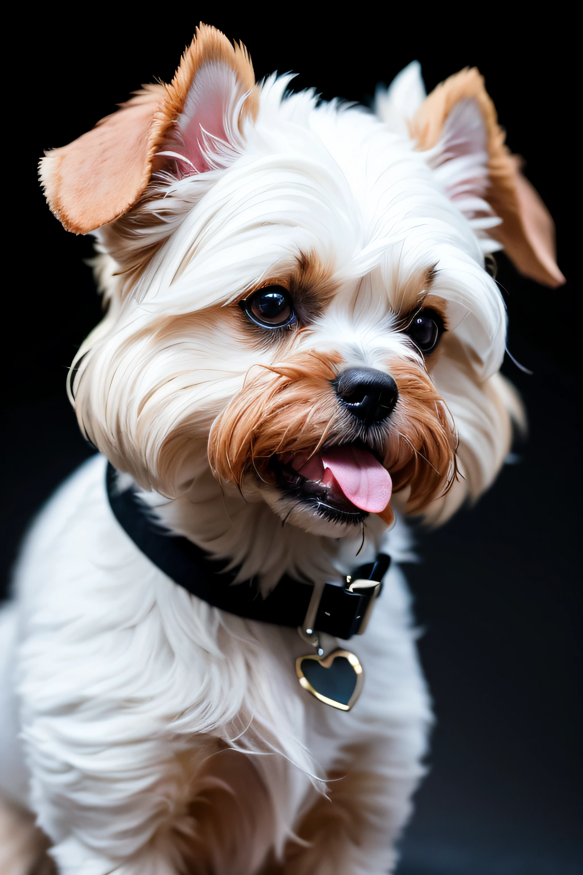 retrato realista de un lindo perro shih tzu, linda sonrisa, ((gracioso)), black background dark lighting, Yellow neon, primer plano, vista del producto, detalles faciales detallados, Cara perfecta, nitidez, tendencia en las artes, sharp facial details, CGSociety, ilustraciones digitales de ultra alta calidad, exquisito hiper detalle, 4k, 8K soft lighting, Dreamer --ISO 100, moda -
