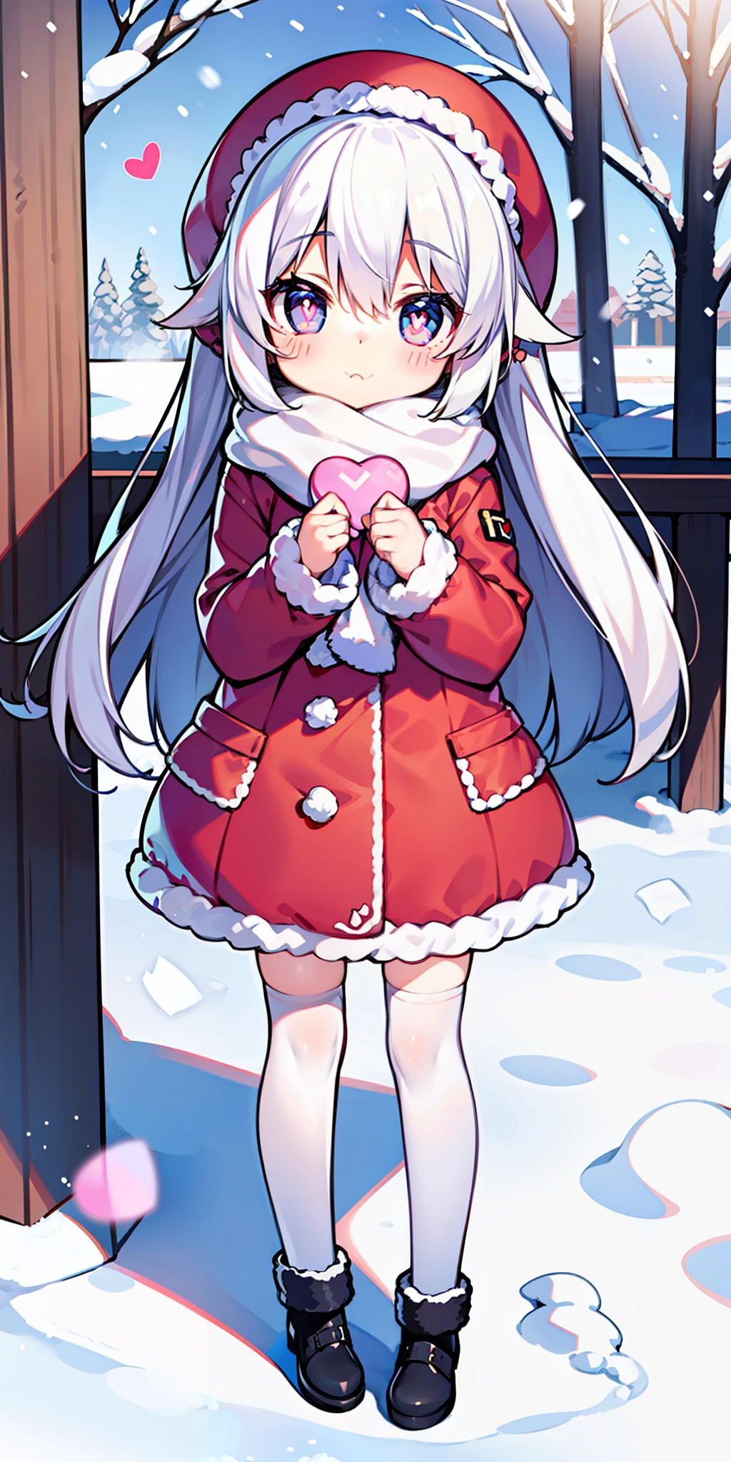 Loli, long hair, cute, heart-shaped pupils, solo, white hair, blush, winter, snow, outdoors, white stockings, standing