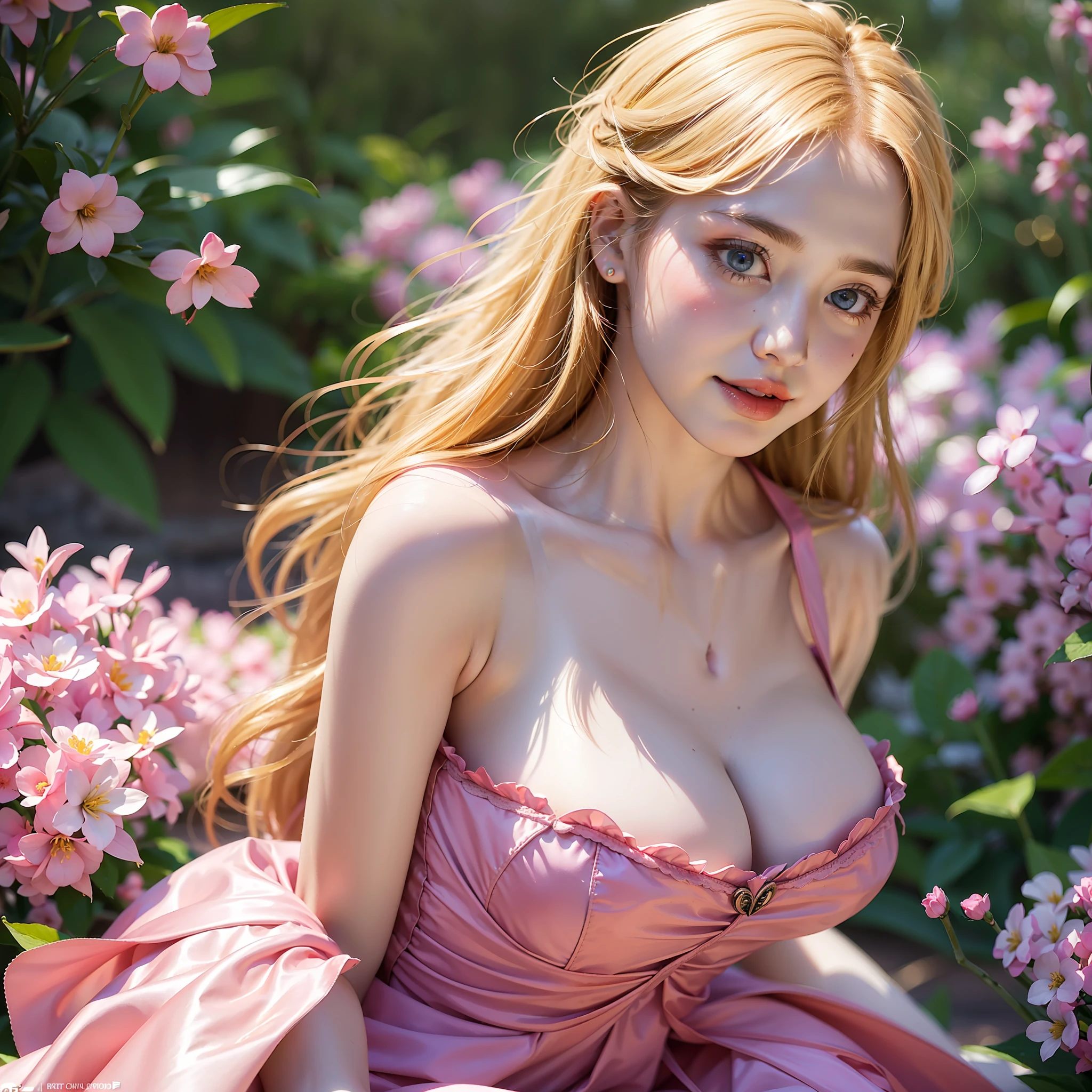 Princess_Peach (wearing pink gown), 1girl, blonde hair, seductive expression, sexy eyes,  big breasts, smile, cute, looking at viewer, long hair, (breast focus:1.2), (realistic:1.2), (far view: 1.2), (realism), (masterpiece:1.2), (best quality), (ultra detailed), (8k, 4k, intricate),(full-body-shot:1.5), (85mm),light particles, lighting, (highly detailed:1.2),(detailed face:1.2), (gradients), sfw, colorful,(detailed eyes:1.2), (detailed garden with flowers: 1.2),(detailed background), (dynamic angle:1.2), (dynamic pose:1.2), (rule of third_composition:1.3), (Line of action:1.2), wide shot, daylight, solo.