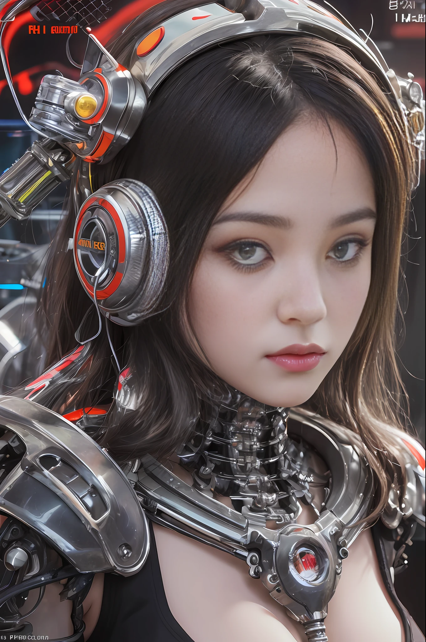 Top Quality, Masterpiece, Ultra High Resolution, (Photorealistic: 1.4), Raw Photo, 1 Girl, Black Hair, Glossy Skin, 1 Mechanical Girl, (Ultra Realistic Detail)), Portrait, Global Illumination, Shadows, Octane Rendering, 8K, Ultra Sharp, Big, Cleavage Exposed Raw Skin, Metal, Intricate Ornament Details, Japan Details, Very intricate details, realistic light, CGSoation trend, purple eyes, glowing eyes, facing the camera, neon details, mechanical limbs, blood vessels connected to the tube, mechanical vertebrae attached to the back, mechanical cervical attachment to the neck, sitting, wires and cables connecting to the head, gundam, small LED lamps,