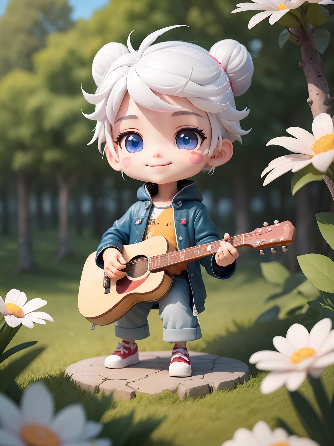 (masterpiece),(Best quality),(Ultra-detailed), (Full body:1.2), 1boys,Chibi T-Shi,kawaii, Smile, Outdoors, playing guitar, Music, Holding a guitar, Jacket, blush, massive trees, Battle Robe, short hairs, sakuga, Blurring, White hair, Blush stickers, Long sleeves, White hair, pink flower, (handsome detailed face), (Beautiful detailed eyes),