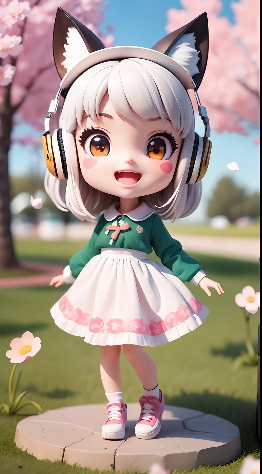 (masterpiece),(best quality),(ultra-detailed), (full body:1.2),
1girl,chibi,cute, smile, open mouth,
flower, outdoors, playing guitar, blush, tree, :3, shirt, short hair, cherry blossoms, green headwear, blurry, brown hair, blush stickers, long sleeves, bangs, headphones, black hair, pink,Wallpaper, phone wallpaper, Daily wallpaper, Q version, Anime hand-drawn, anime characters, Three heads, white hair, maid headdress, wide eyes, fox ears, bright pupils, anime, blind box toy style, perspective, Eye-Level Shot, UHD, retina, masterpiece, ccurate, textured skin, super detail, best quality, highres, HD, 4K, 8k
(beautiful detailed face), (beautiful detailed eyes),