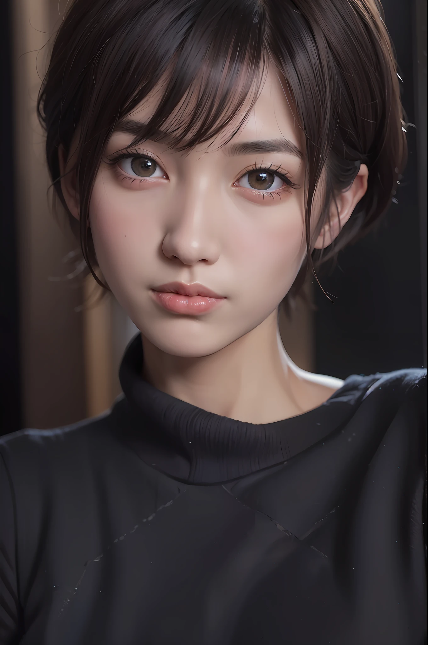 arafed woman with a black shirt and a black top, with short hair, soft portrait shot 8 k, high quality portrait, kawaii realistic portrait, short brown hair and large eyes, portrait cute-fine-face, sakimichan, cute natural anime face, girl cute-fine-face, sakimichan, Realistic. cheng yi