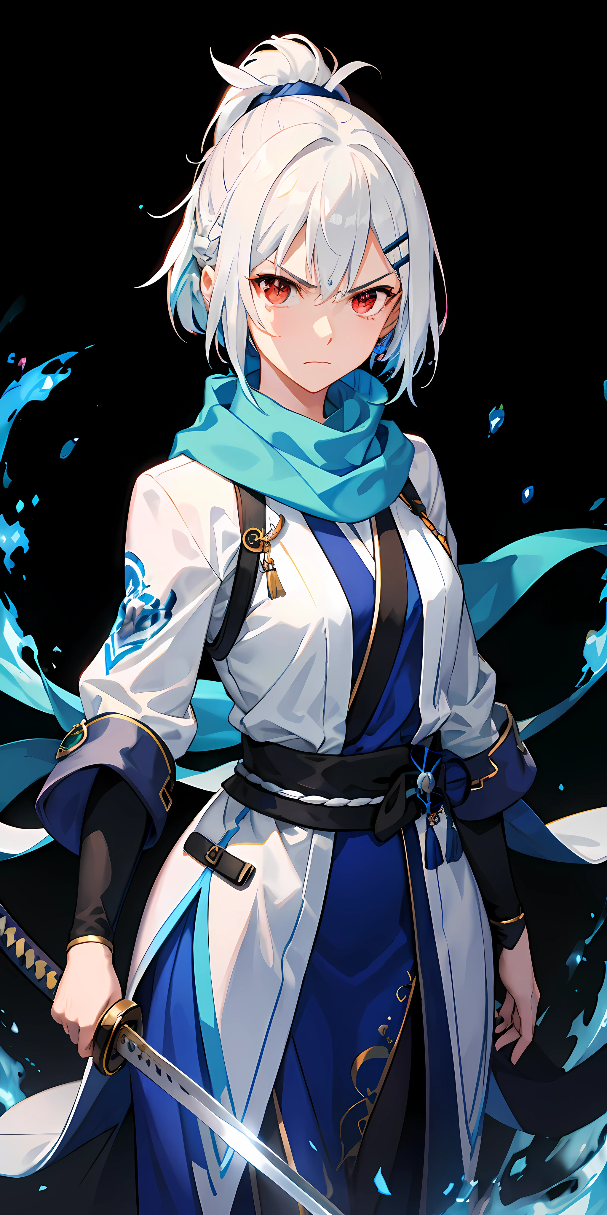 upper body, 1girl, white hair, ponytail, red eyes, (ninja), short sword, normal breats ,scarf, wallpaper, magic circle background, light particles, (((blue fire))), hair clip, hair ornament, (((expretional))), (((greedy face))), (((colorfull))), katana, (angry), (blue fire for the background that describe the madness), colorfull background, (mastepiece), emotional