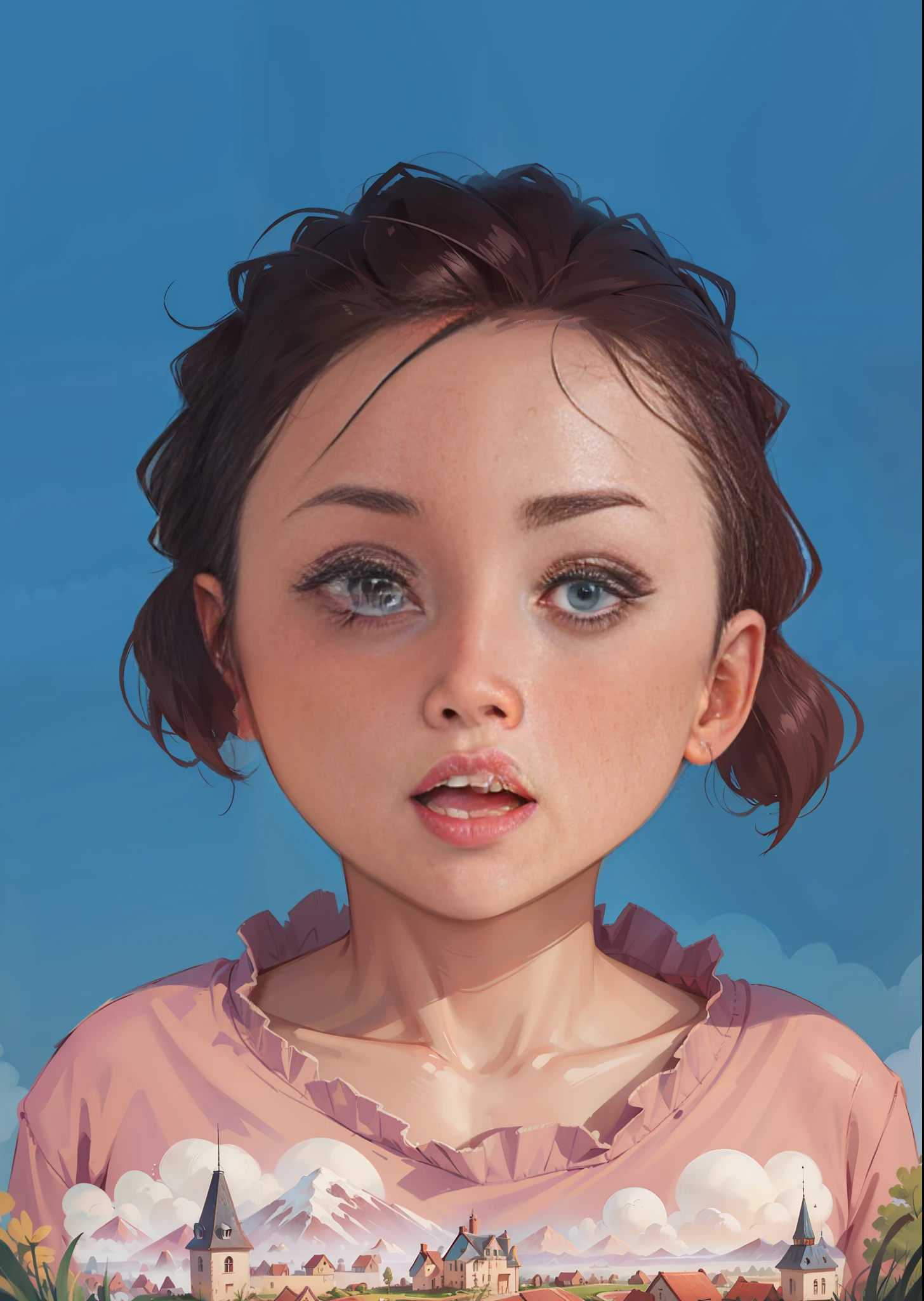 The background is replaced with a landscape painting