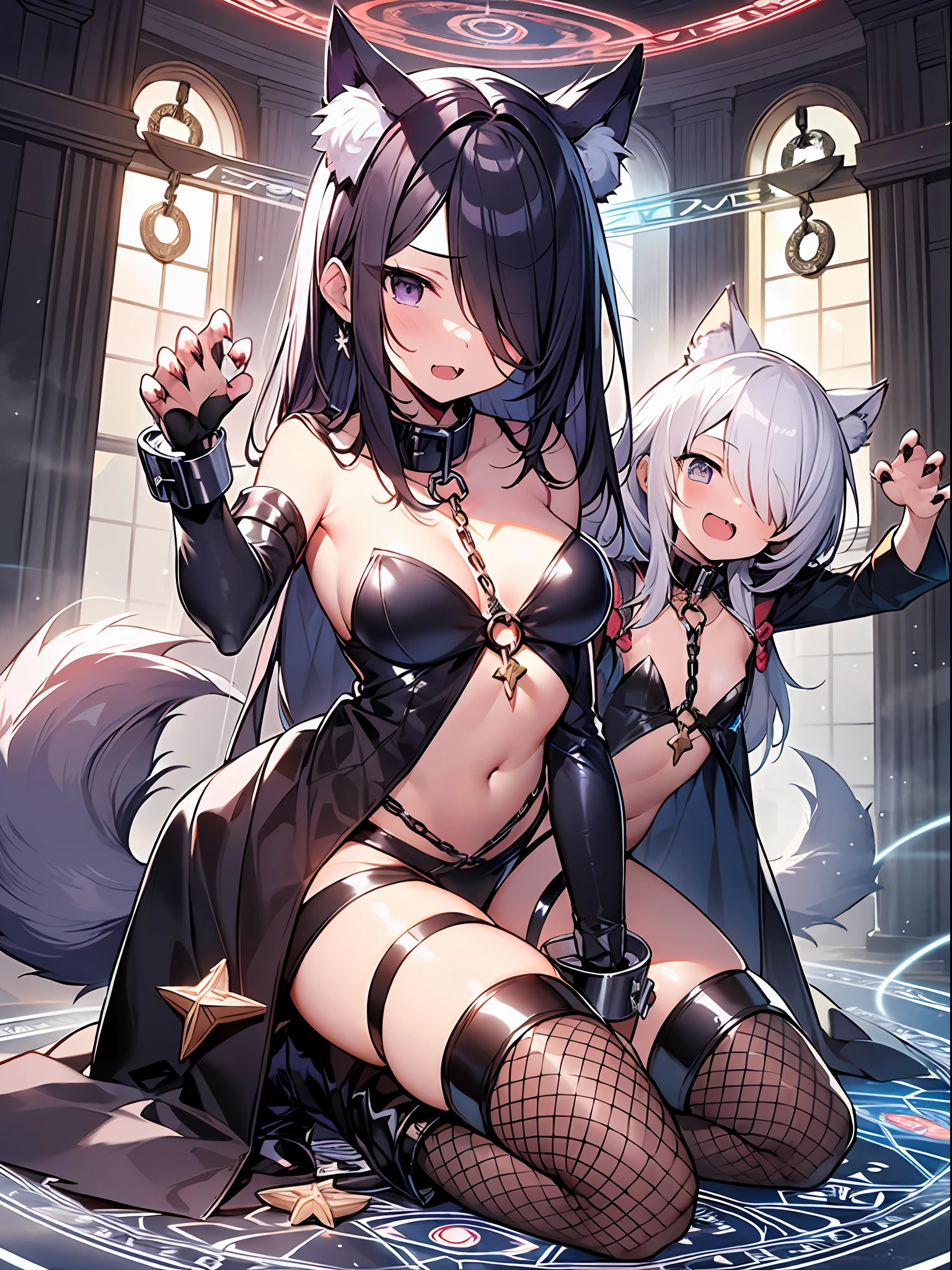 Dynamic Angle,chained cuffs,,1girls,(kneeling on glowing magic circle:1.4),Wolf Girl, (purple glowing effects:1.2), (claw pose:1.4), , fishnet tights:1.5),(fullynaked), masterpiece, Best Quality,Naked coat、Black coat,pelt,far coat,,angry girl,Angry,rage,Chained,Naked、small tits、handcuff,chains,fnaked、Hide the chest with hair、Long hair that hangs down in front、Hide the chest with hair、、opened breast,Detained、(wolfs,devil:1.5), {{Eroge,game cg,High Quality Game CG},{{{1girls}}},{{masterpiece}}, {{{Best Quality}}}, {{Ultra-detailed}}, {{illustration}},magical girl,💓,Heart_brooch,{masterpiece),chained collar, Best Quality, illustration, (1girls), ,,fang, Small breasts, small tits、flat chest,{Purple armor}, purple dressdress, armored boots, armored boots, helmet, Purple hair,Black Eyes,bags_under_Eyes,One navel、, Hair over one eye, jimiko, Long hair, Big hair, {{Shaded face}},1girls, {Shaded face}, Petite,1girls, ,, darkness, dog ears,Dog tail、collars,dog ornament, dogtag,