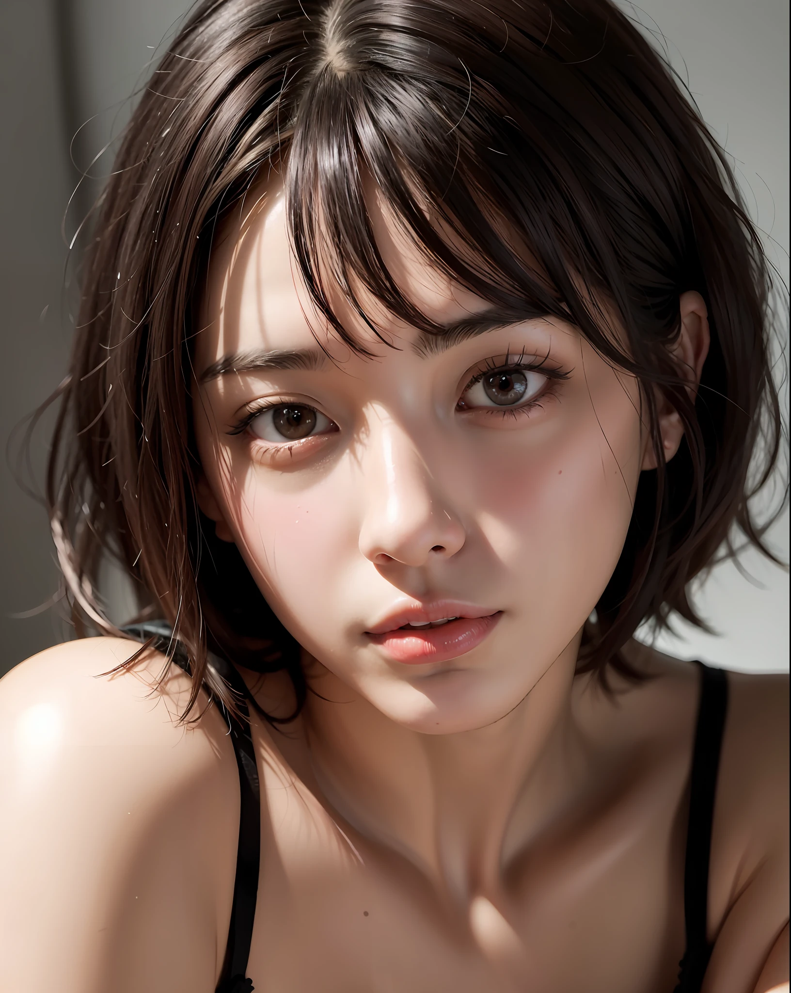 there is a woman with a black bra top posing for a picture, with short hair, girl cute-fine-face, Stunning anime face portrait, short brown hair and large eyes, kawaii realistic portrait, Realistic. cheng yi, beautiful japanese girls face, cute natural anime face, portrait cute-fine-face, gorgeous face portrait, beautiful portrait image, yanjun cheng