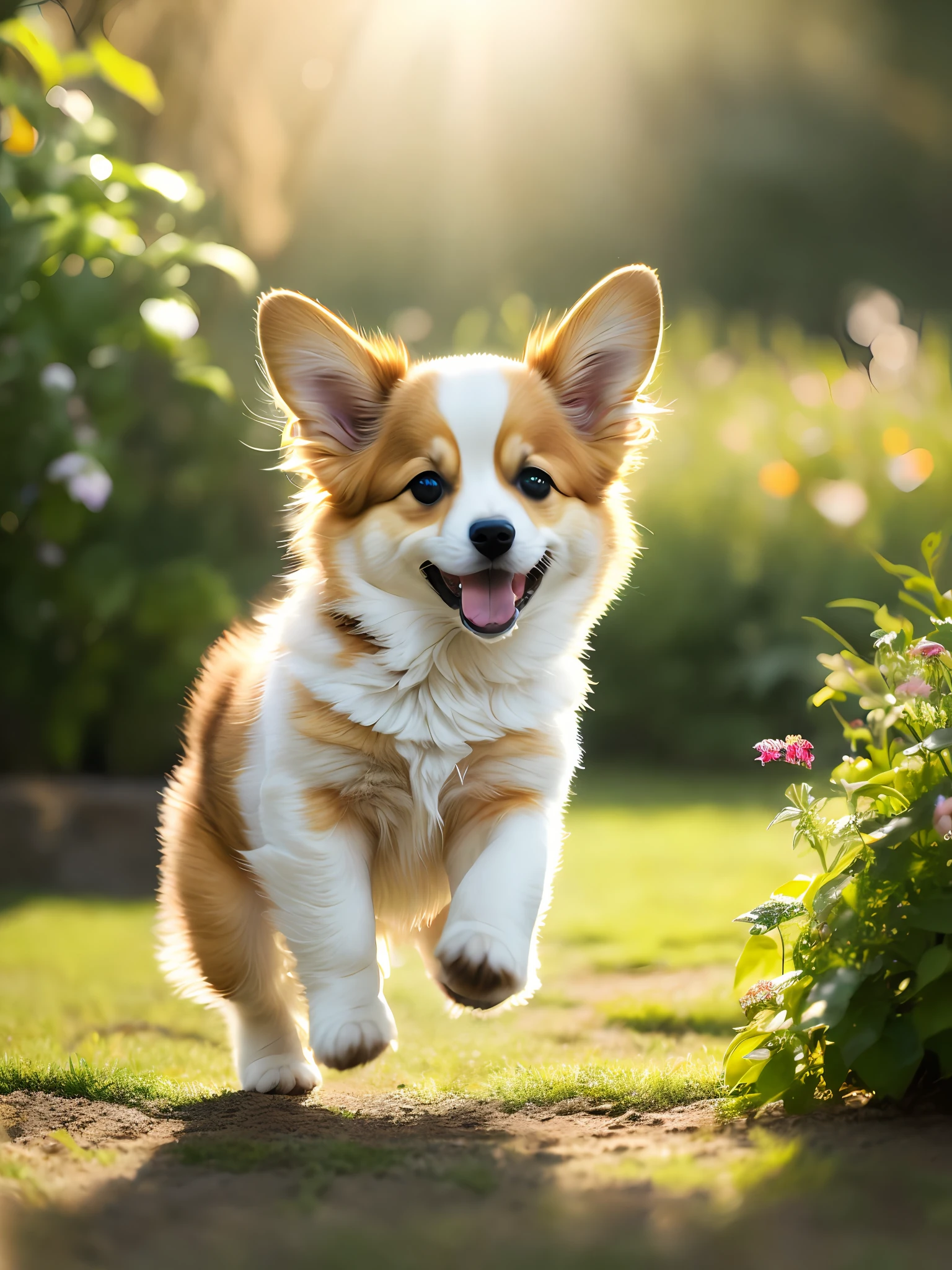 A very cute jumping little leg in the garden,Close-up photo of corgi puppy,Soft volumetric light,(back lit:1.3),(cinematic lig:1.2),complicated detail,(ArtStation:1.3),Rutkowski