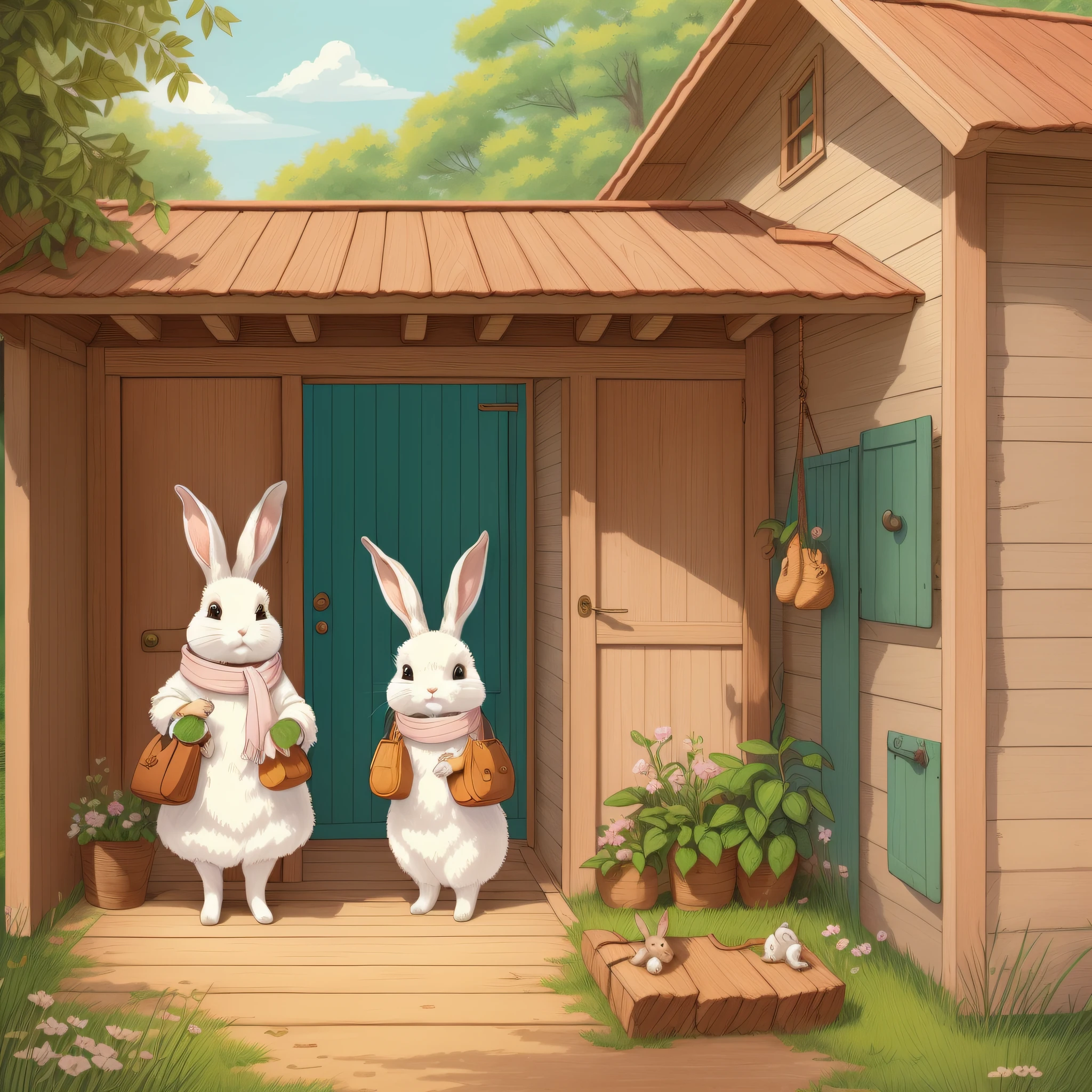 Children's Picture Book Illustration、Two White Rabbits、Two rabbits with a pink scarf around their necks and a light blue scarf around their necks、Anthropomorphic rabbit、Bipedal rabbit、Rabbit getting ready in a wooden house、Rabbit with leather bag、pitiable、Color Illustration