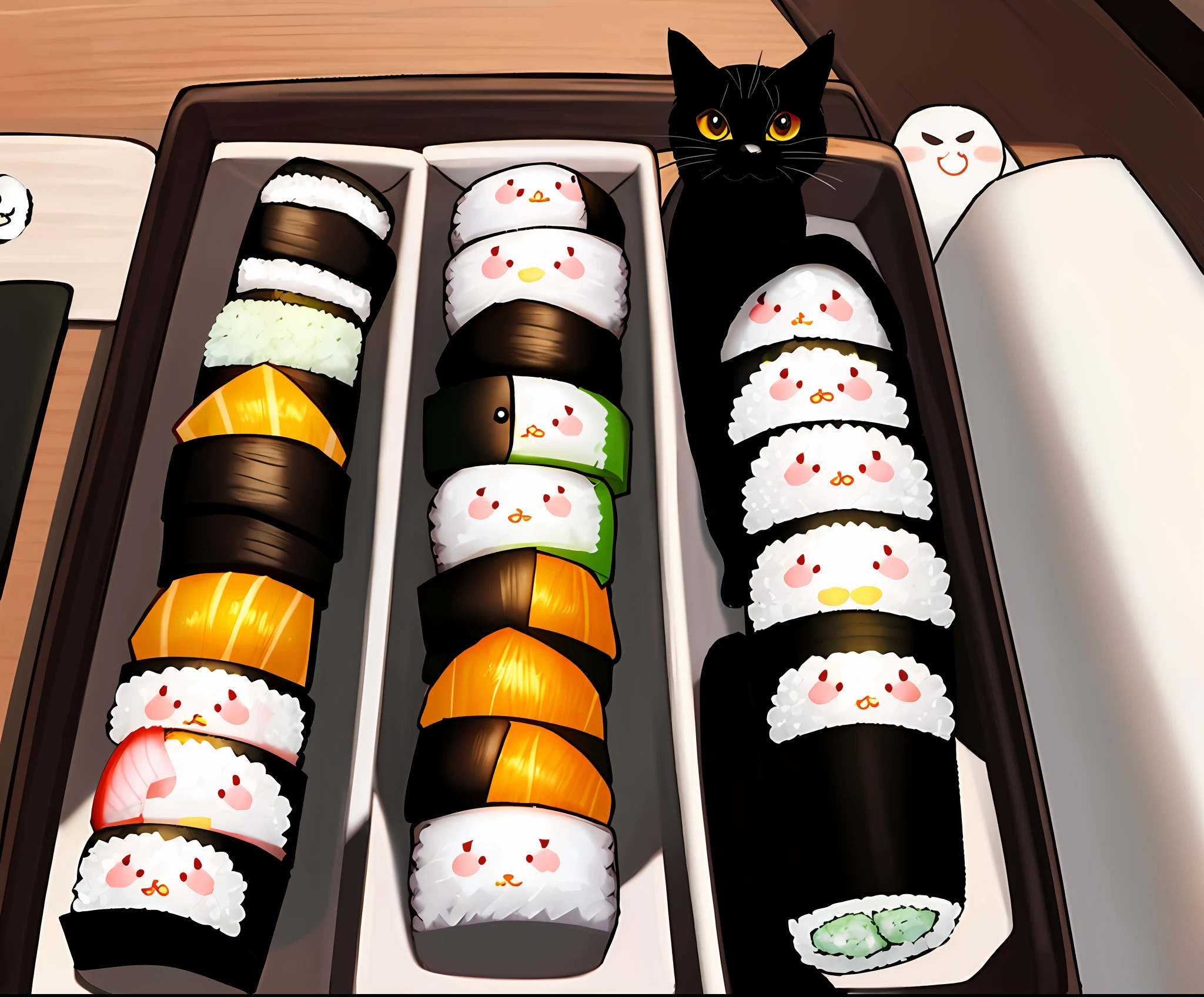 Sushi rolls with cute animal faces、A black cat is eating sushi rolls、There is also a white bun bird next to it
