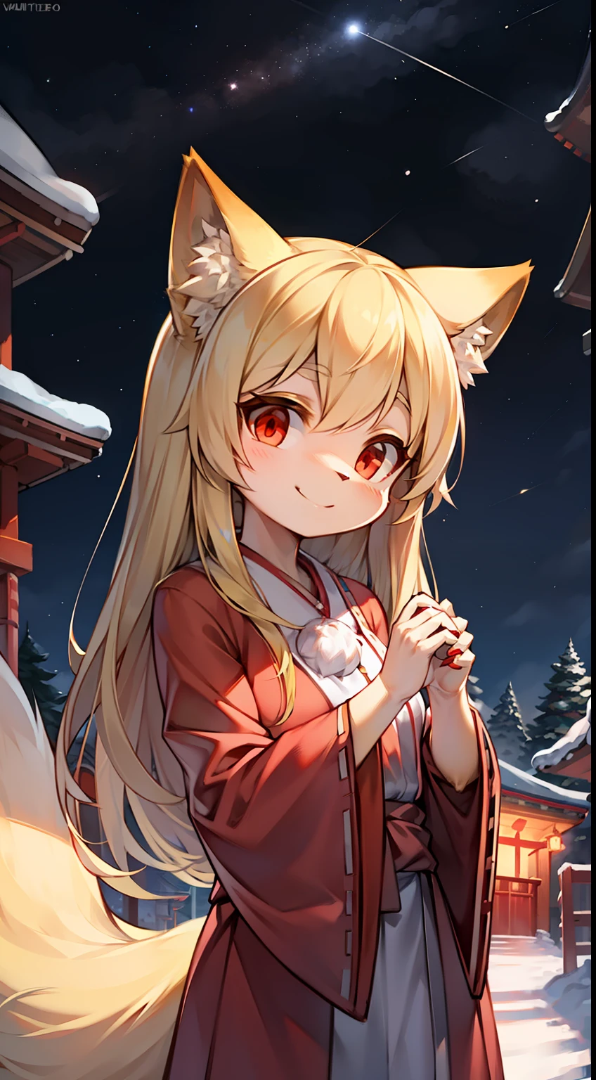 girl fox，was hairy，Golden fur，Golden yellow face fur,Long blonde hair，Red eyes，Super cute face，Brown elements on fur，miko，Beautiful lights and shadows，Ambient light，Ultra-fine fur，volumettic light，Night,Clouds and stars in the sky,The sky outside is starry ,Meteor,natural day light，Smile with，Fluffy tail，Shrine background，winter