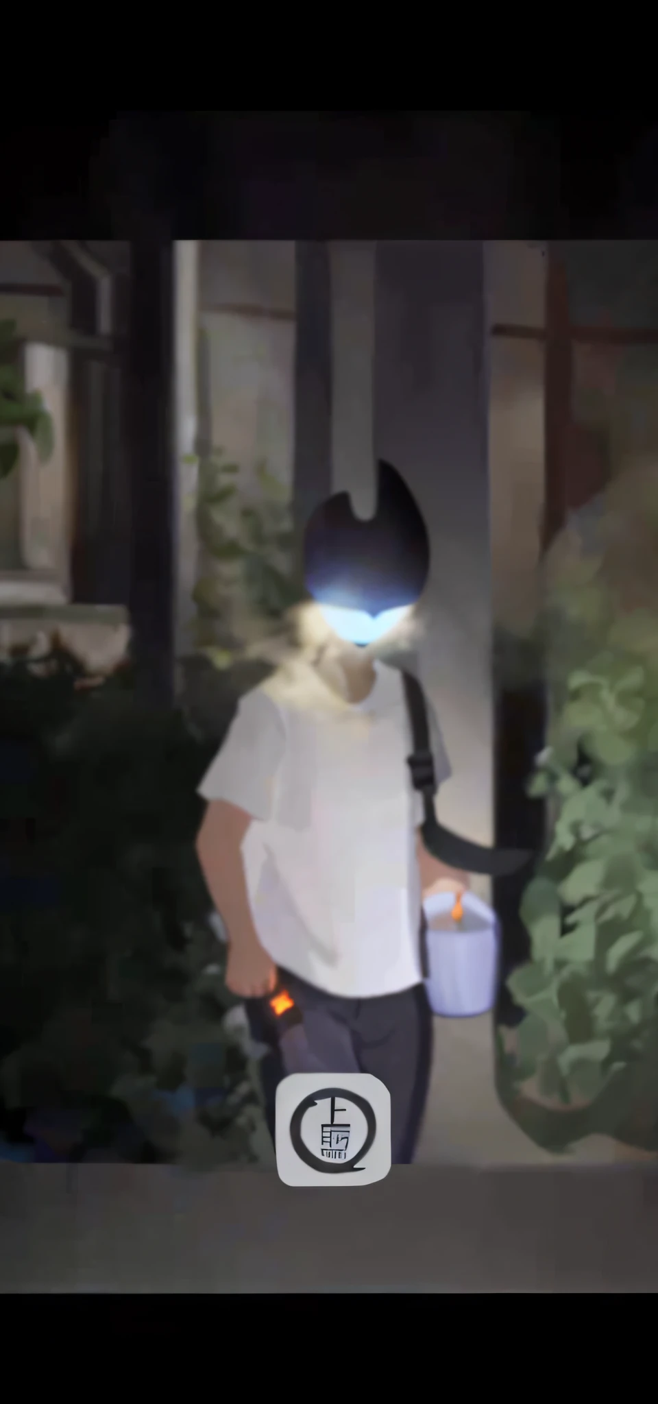 There was a woman in a white shirt and black pants holding a small blue bucket, night time footage, The head is a glowing Ultraman head, found footage style, spooky found footage, screenshot of found footage, eyes projected onto visor, eerie person, unsettling found footage, dark visor covering top of face, he has a glow coming from him, found footage, evil spirits roam with lanterns